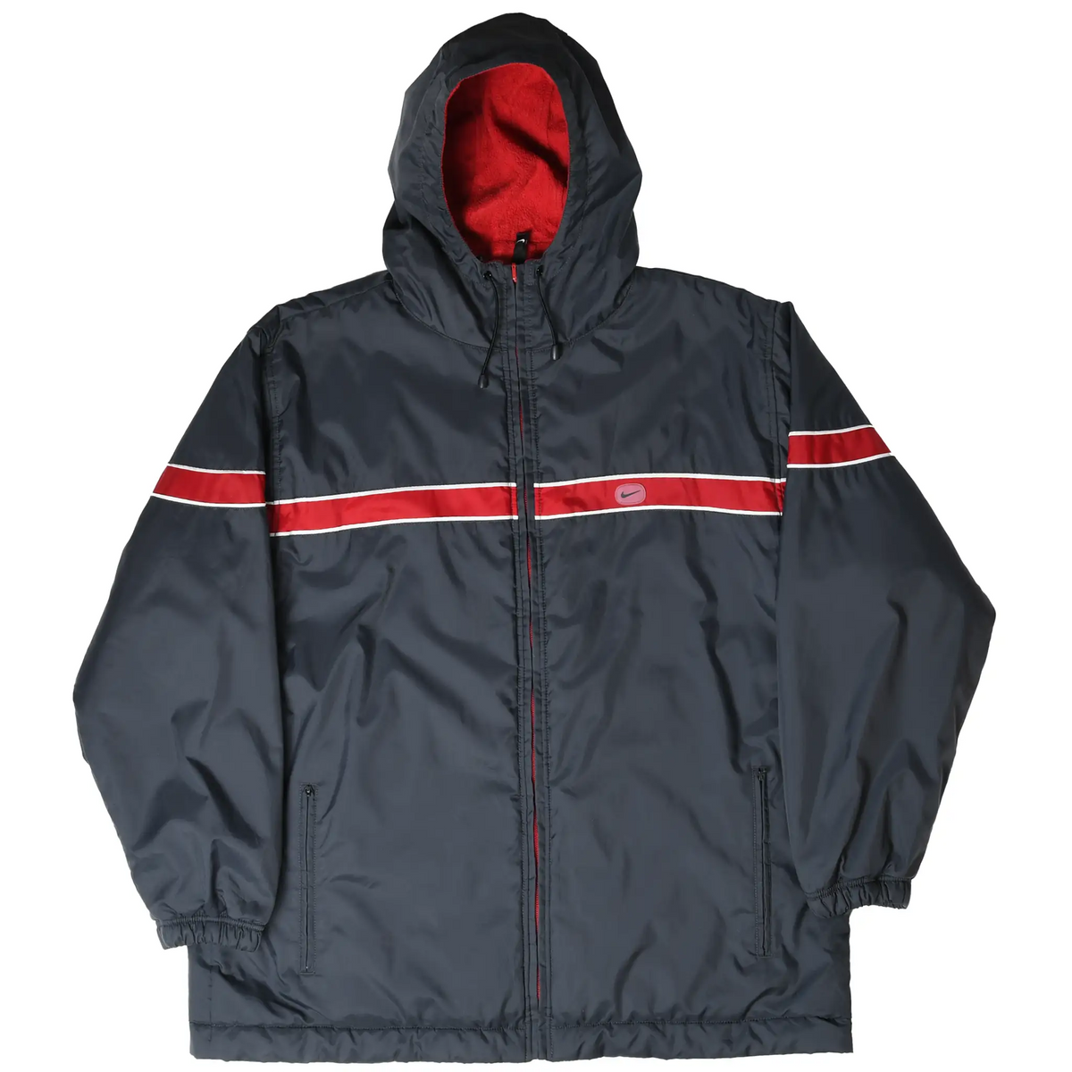 Full front view of black Nike hooded windbreaker with red stripe, white piping, and zip pockets