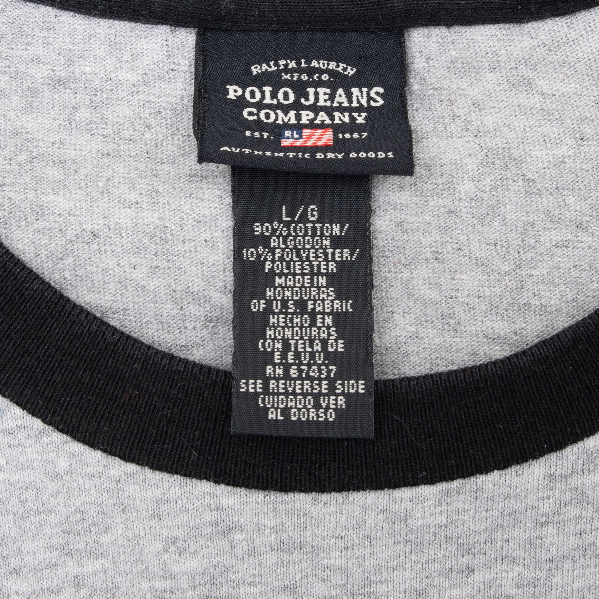Vintage Ralph Lauren Polo Jeans Grey Black Long Sleeve Raglan Tee Shirt Size Large