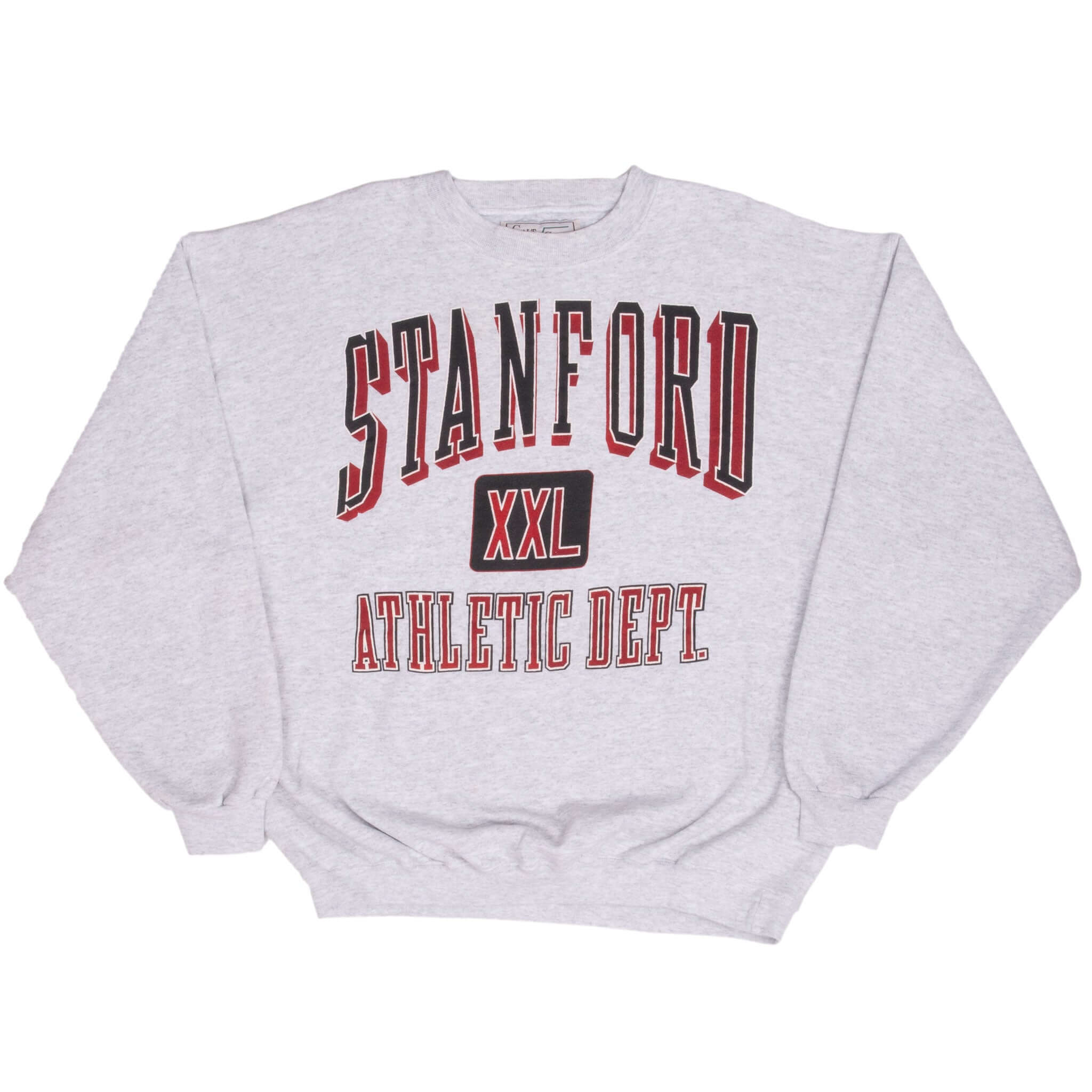 Full front view of grey Stanford crewneck sweatshirt with red and black graphic