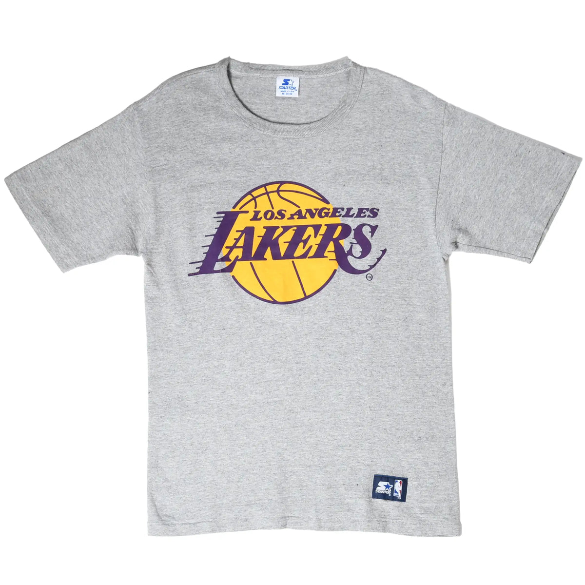 Full front view of gray Starter T-shirt with Los Angeles Lakers logo and hem patch