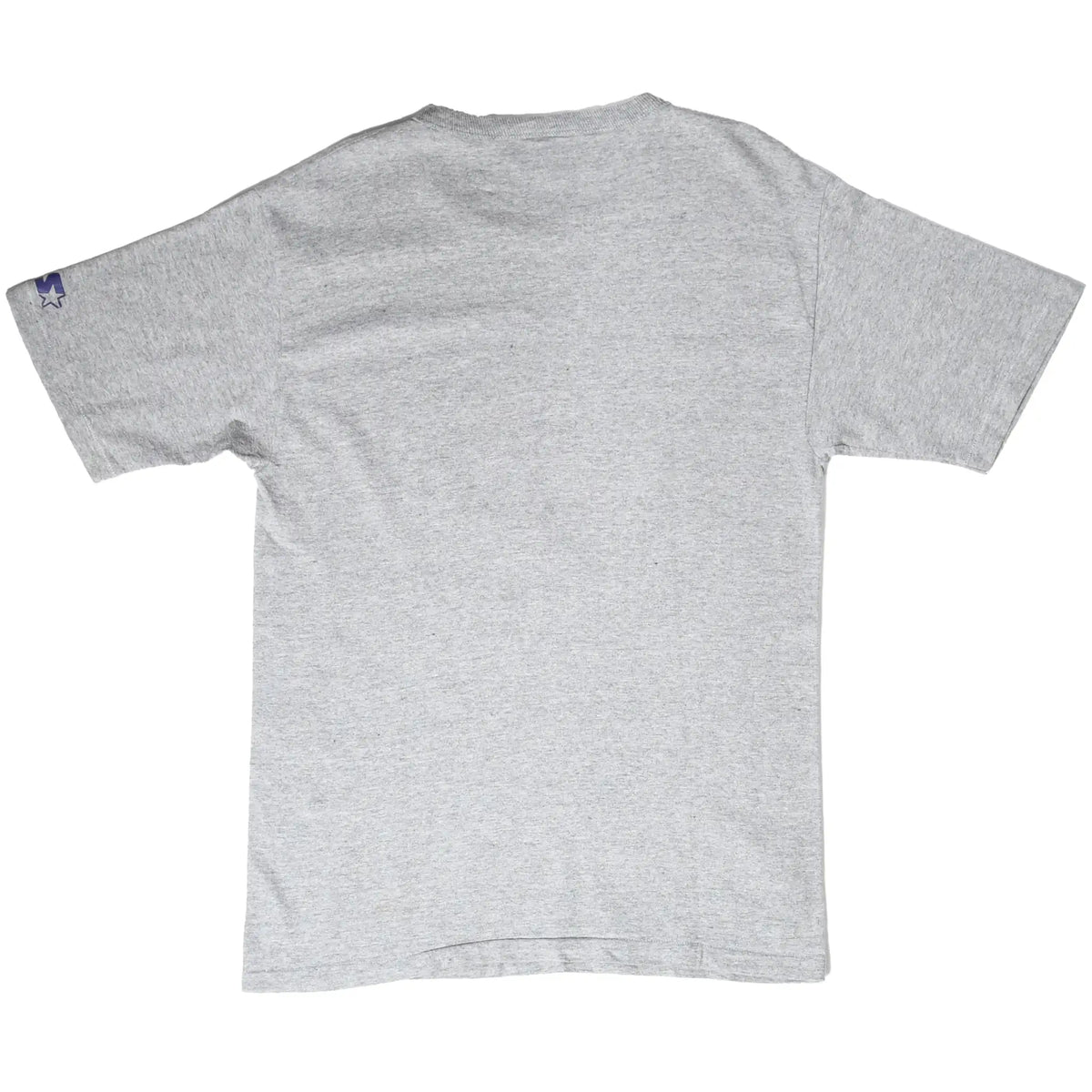 Back of plain gray Starter T-shirt with small logo detail on left sleeve