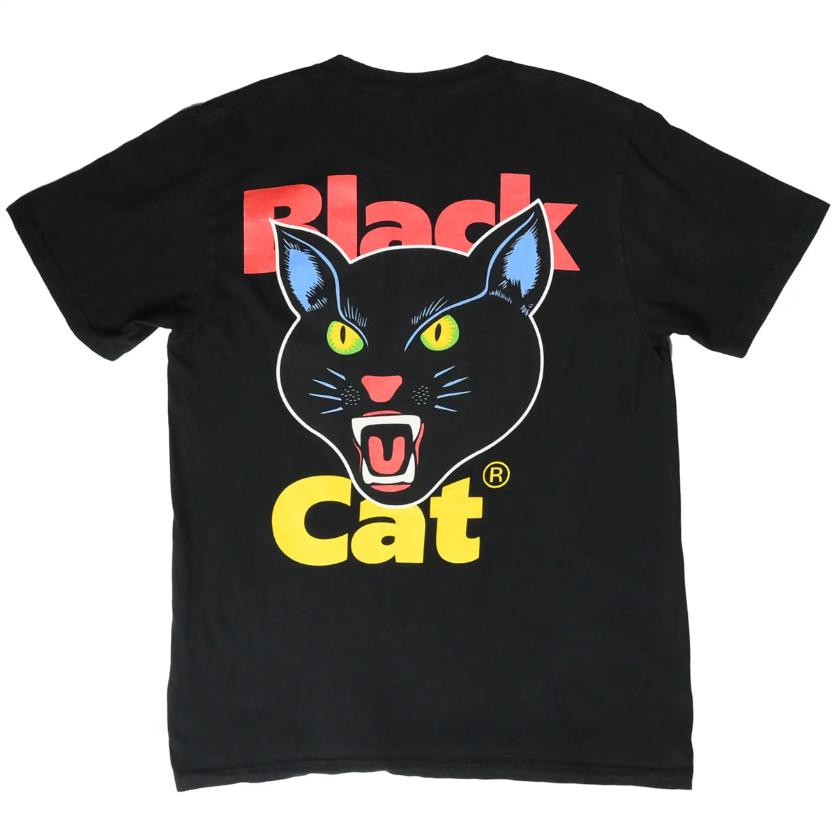 Back view of black Supreme T-shirt featuring a large snarling Black Cat graphic