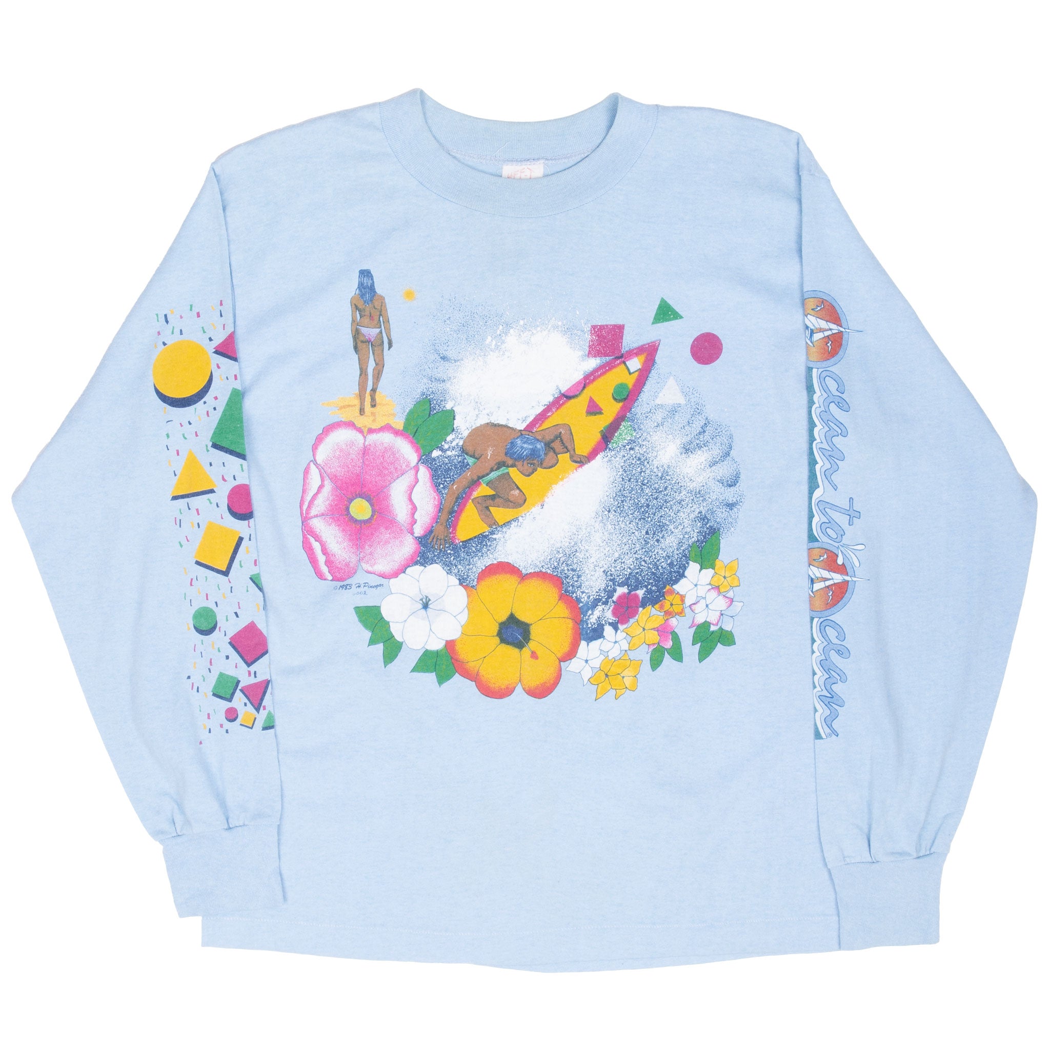 Vintage Hawaiian Ocean To Ocean Surfing Long Sleeve Tee Shirt 1983 Size Medium Made In Usa With Single Stitch Hem