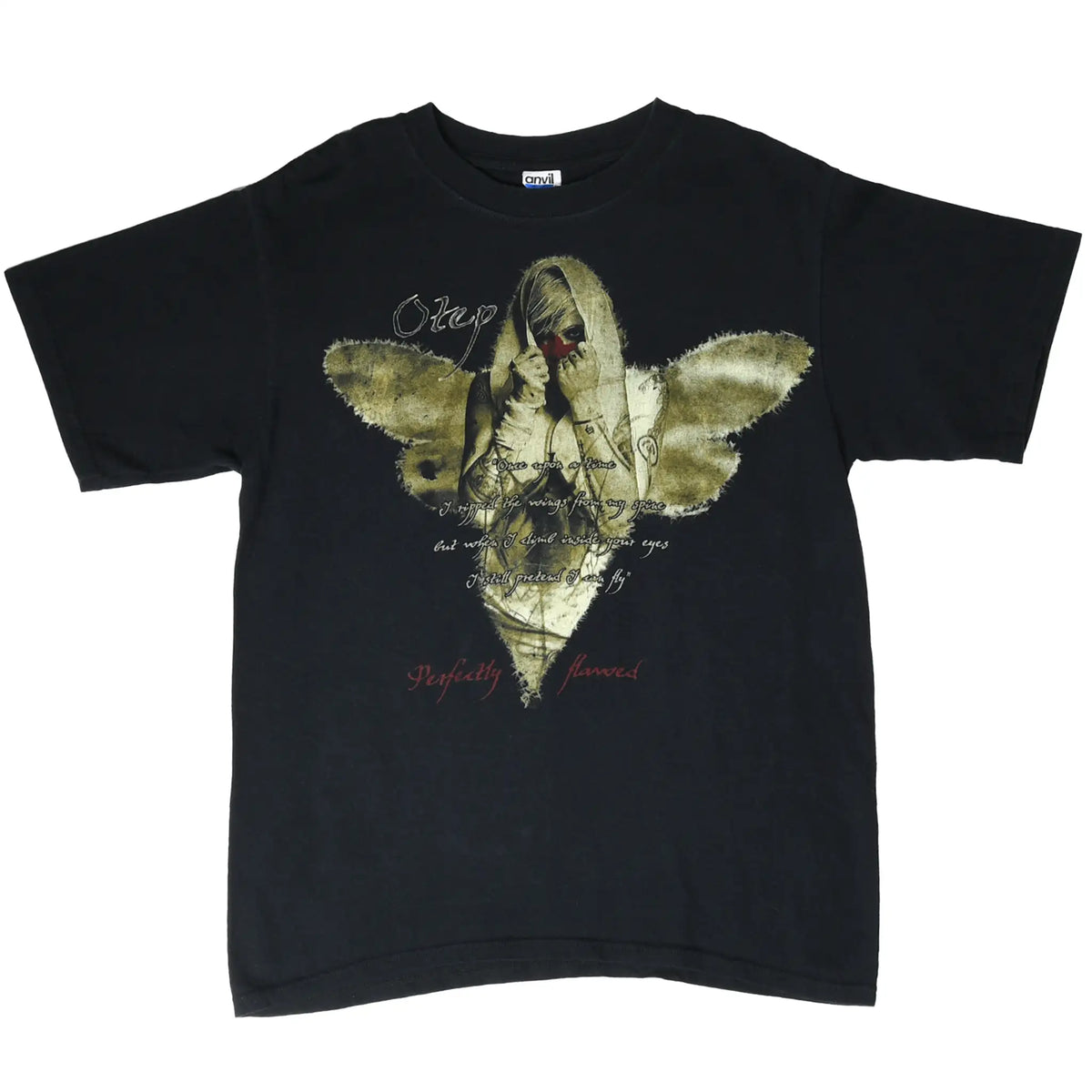 Full front view of black Otep T-shirt with winged figure graphic and script text