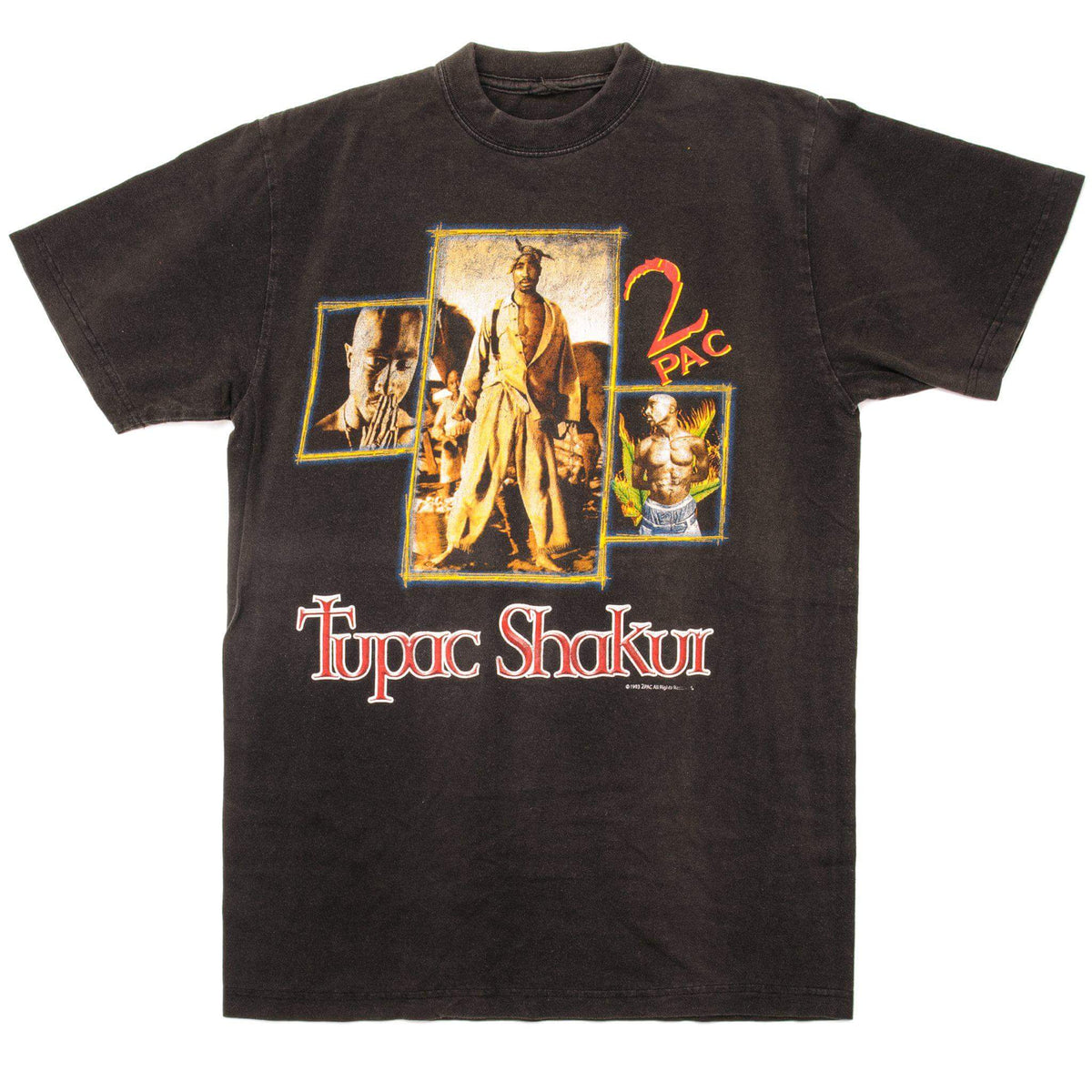 Full front view of black Tupac Shakur T-shirt with 2Pac portrait collage graphic