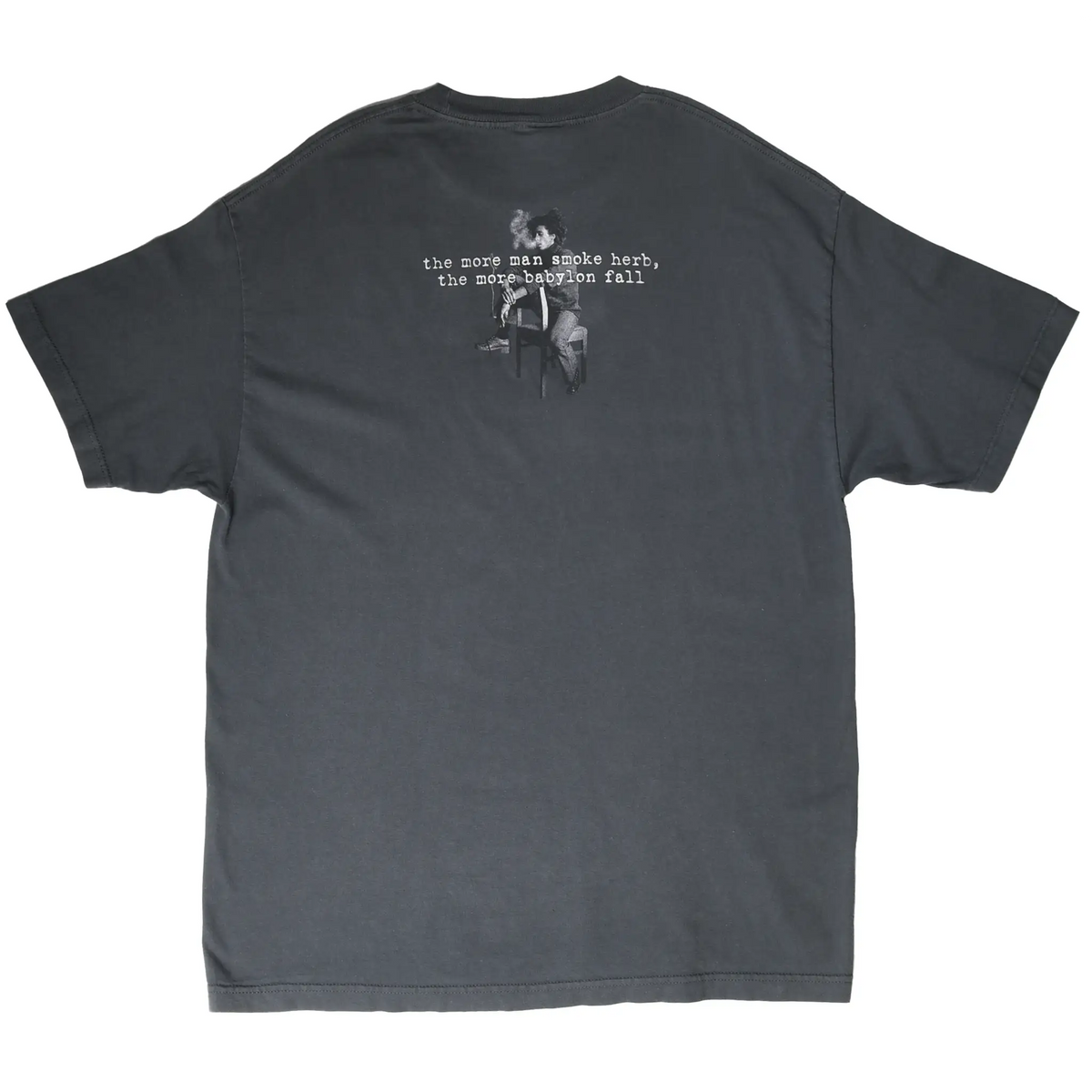 Back of grey Bob Marley T-shirt with small portrait and white quote graphic near the shoulders