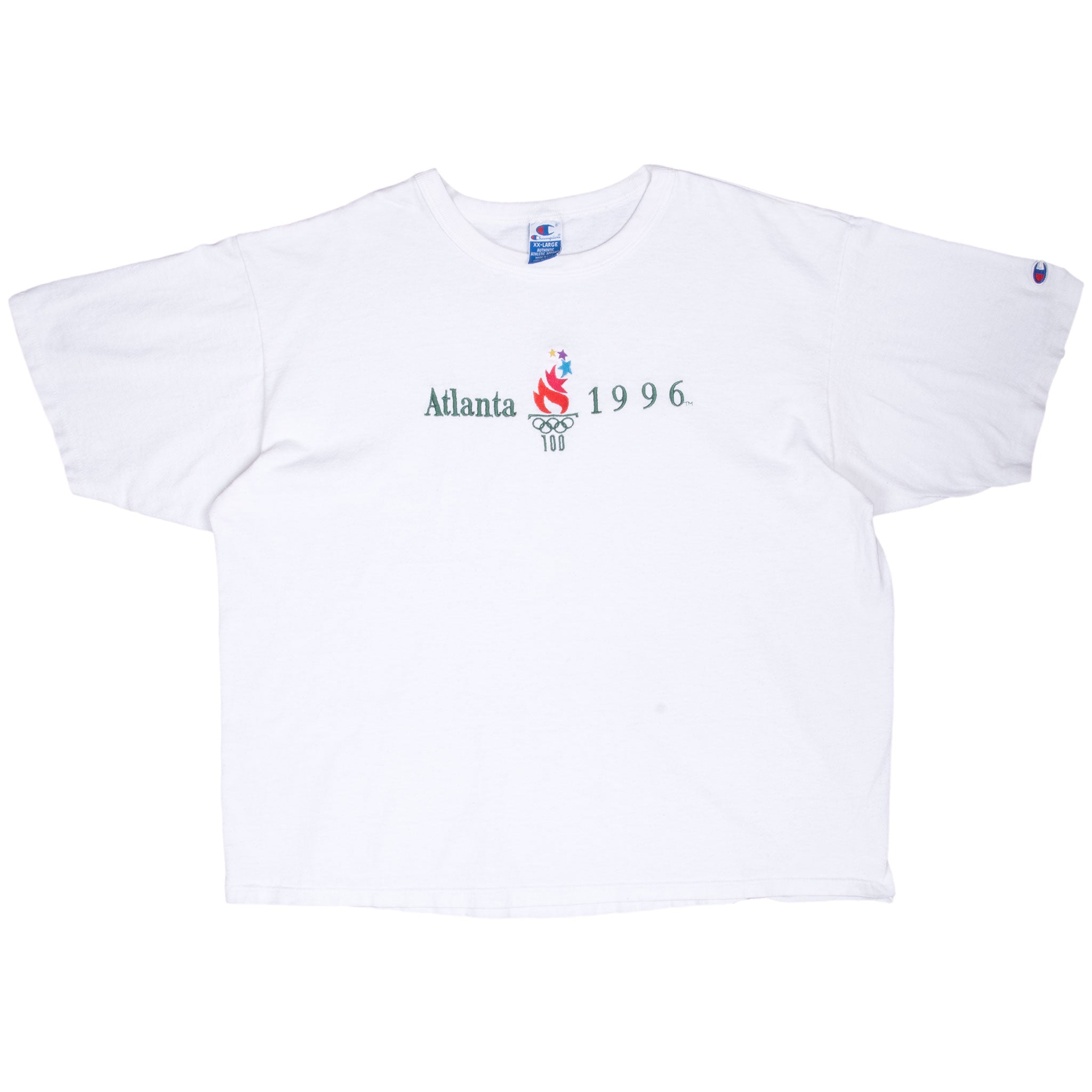 Vintage Champion Atlanta Olympics 1996 White Tee Shirt Size 2XL Made In Usa With Single Stitch Sleeves