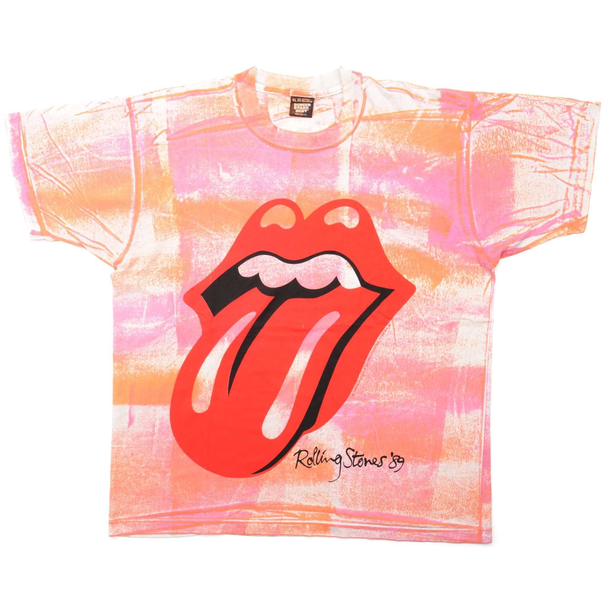 Front of Rolling Stones 1989 tour T-shirt with red tongue logo and pink-orange tie-dye