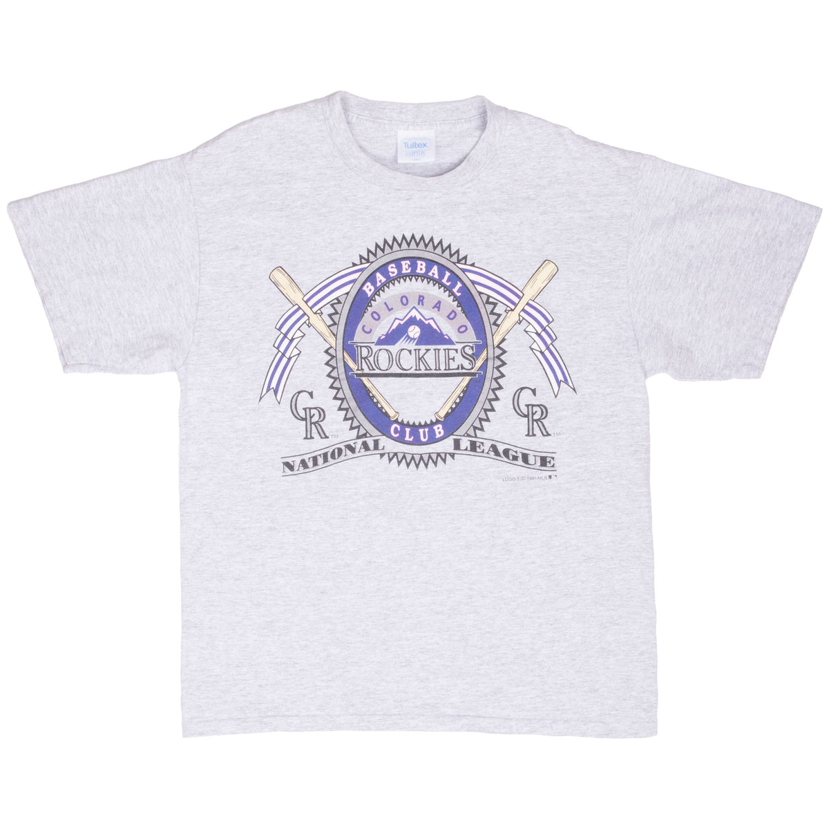 Full front view of grey Colorado Rockies T-shirt with crossed-bat graphic