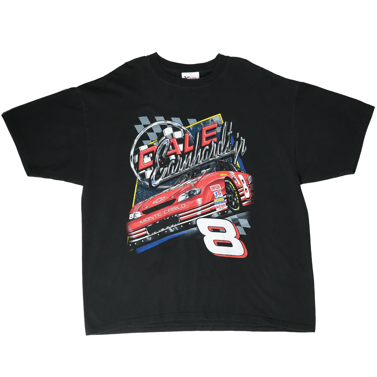 Full front of black Dale Earnhardt Jr. T-shirt with Dale Earnhardt Jr. and No. 8 car print