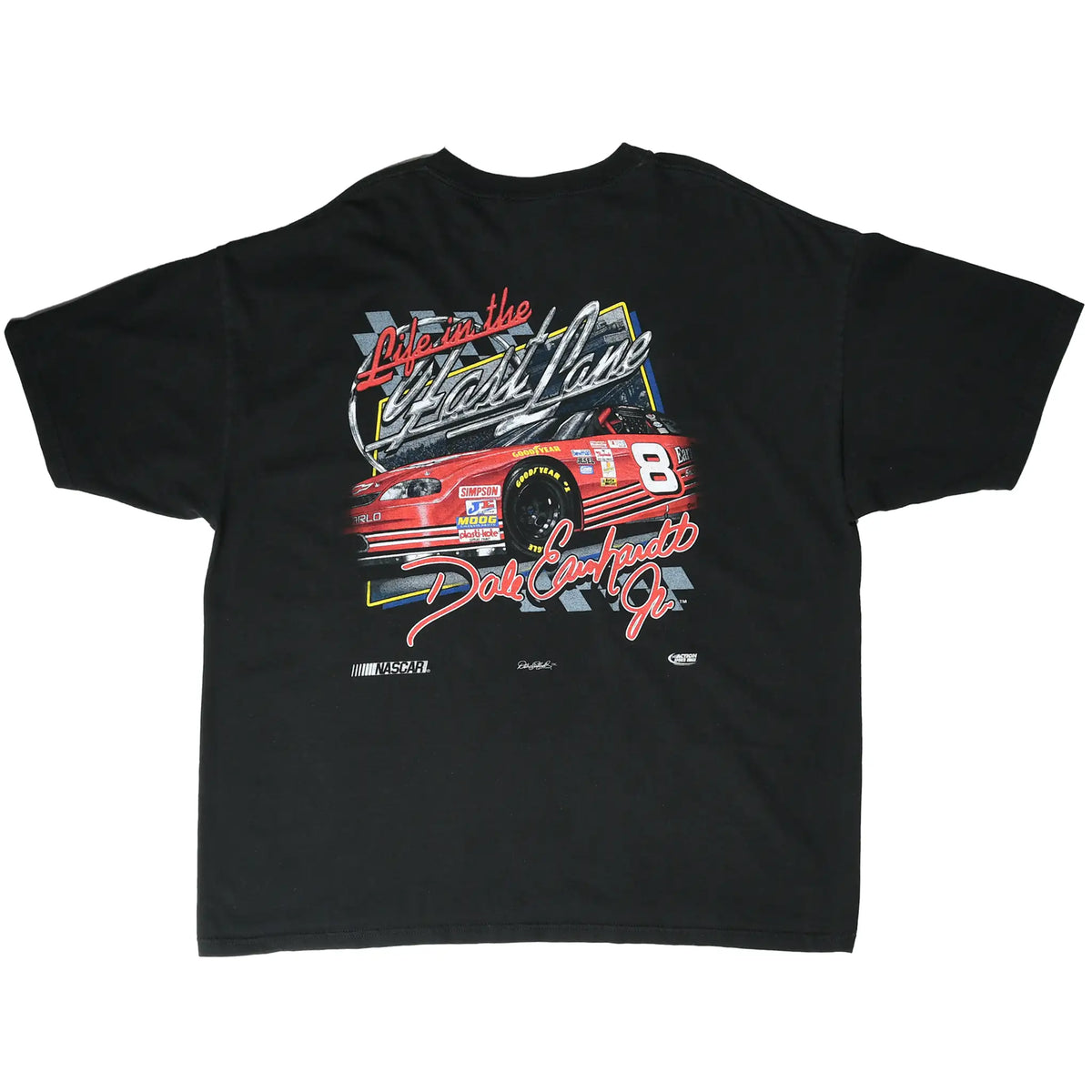 Back of black Dale Earnhardt Jr. NASCAR T-shirt with red No. 8 race car graphic