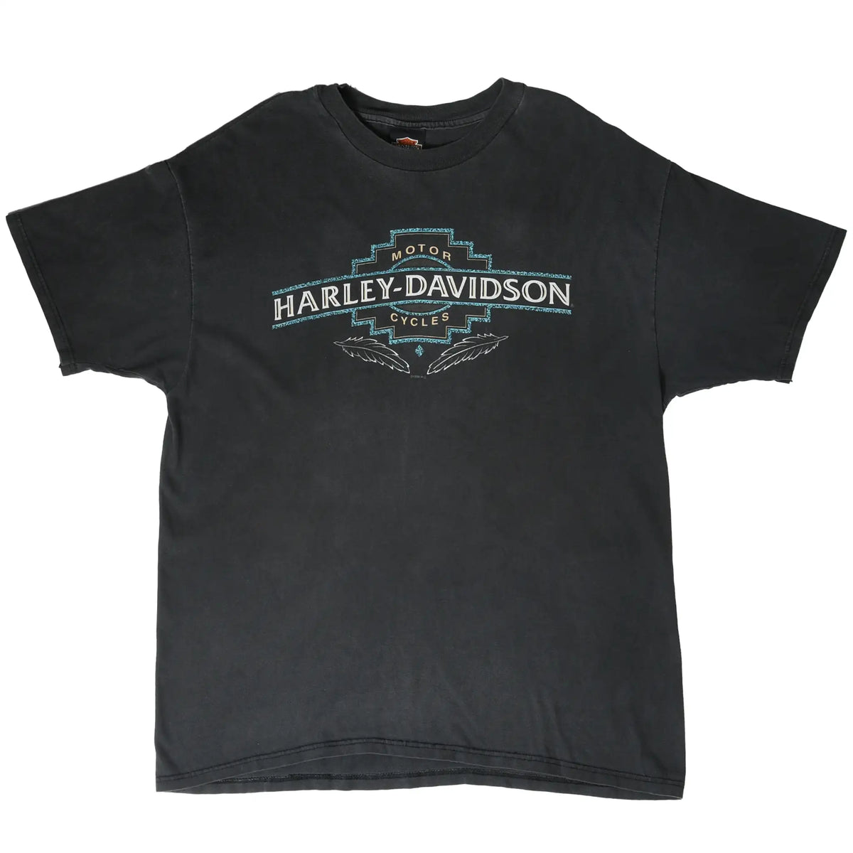 Full front view of black Harley-Davidson T-shirt with centered Motor Cycles logo