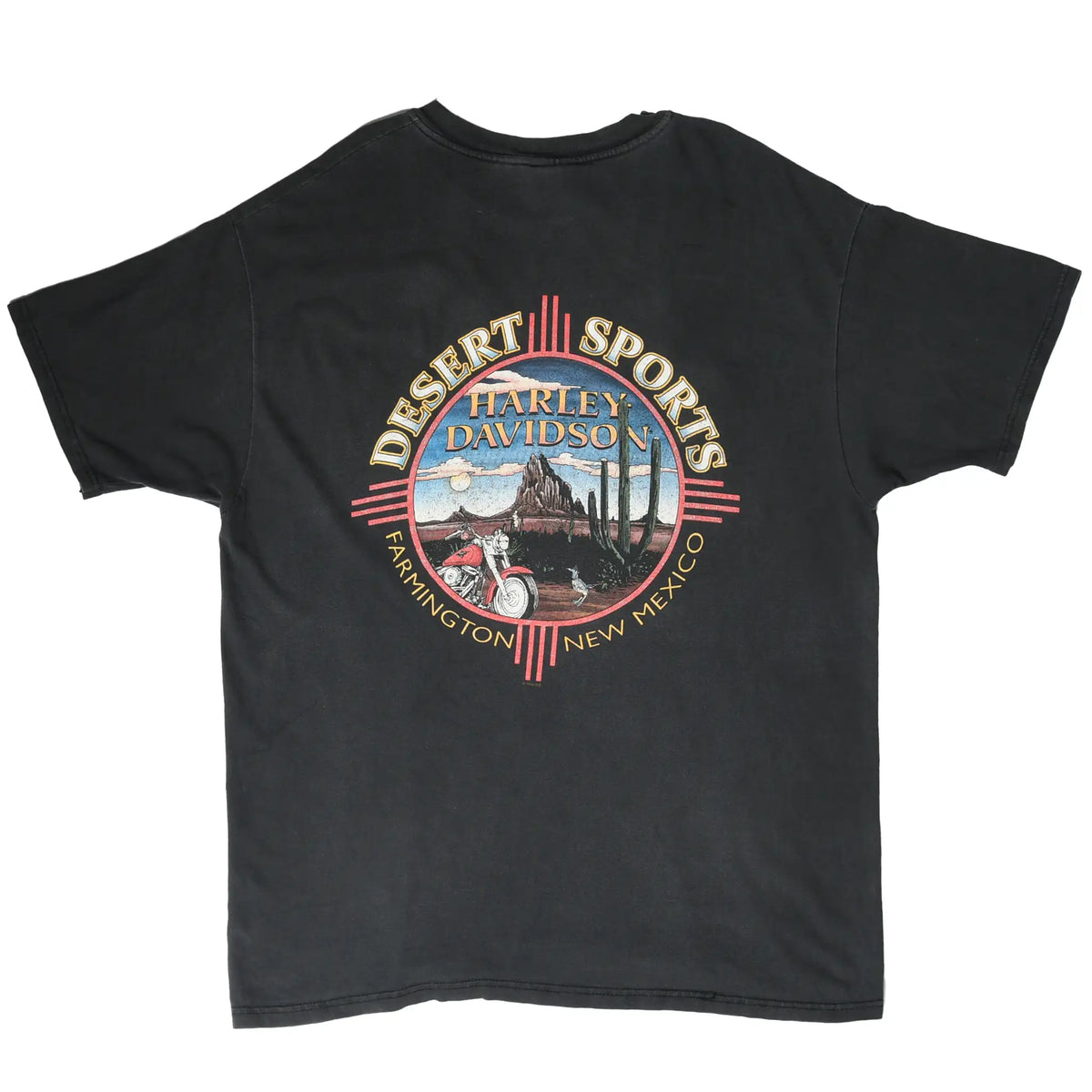 Back of black Harley-Davidson T-shirt with Desert Sports Farmington, New Mexico motorcycle graphic
