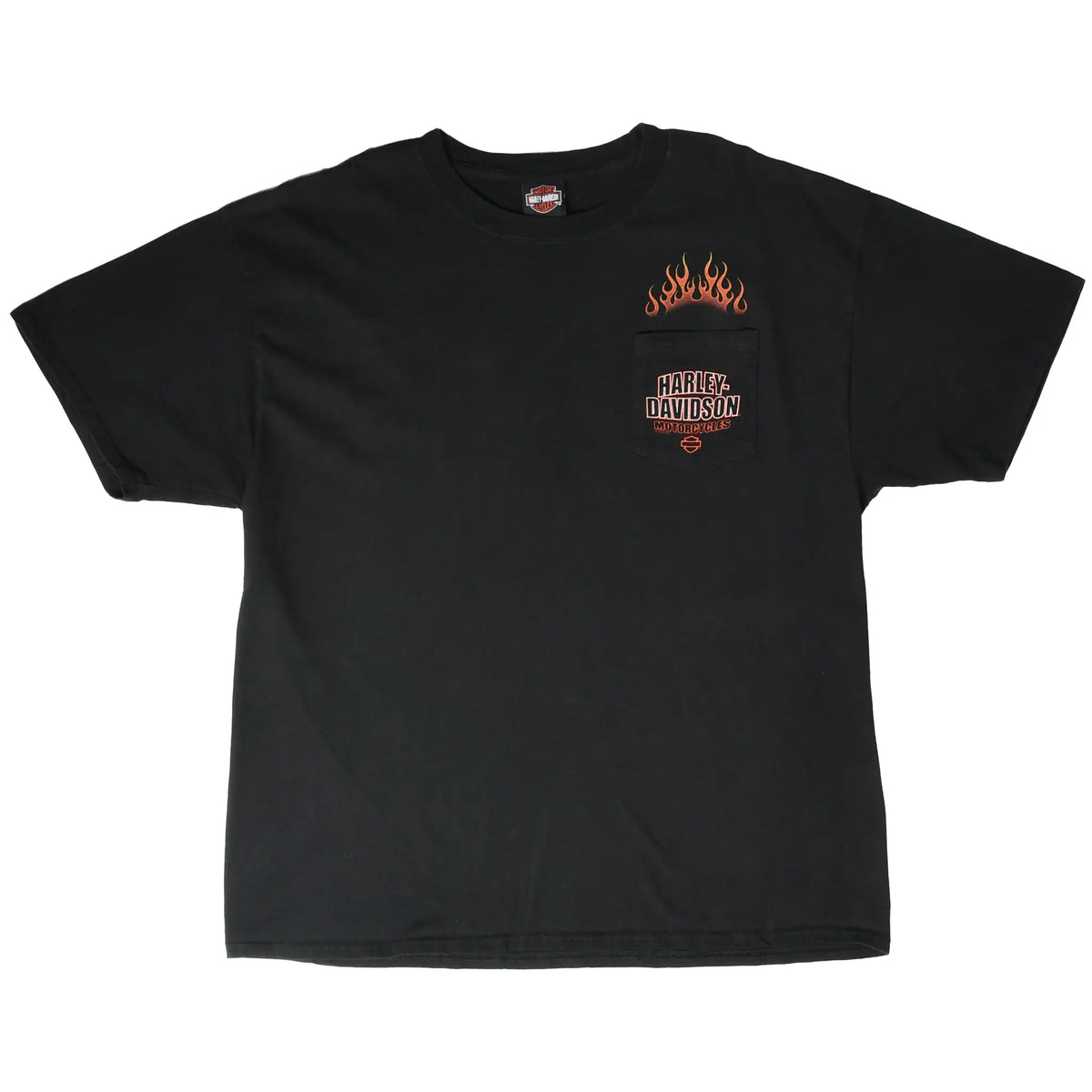 Front of black Harley-Davidson pocket T-shirt with orange flames and logo