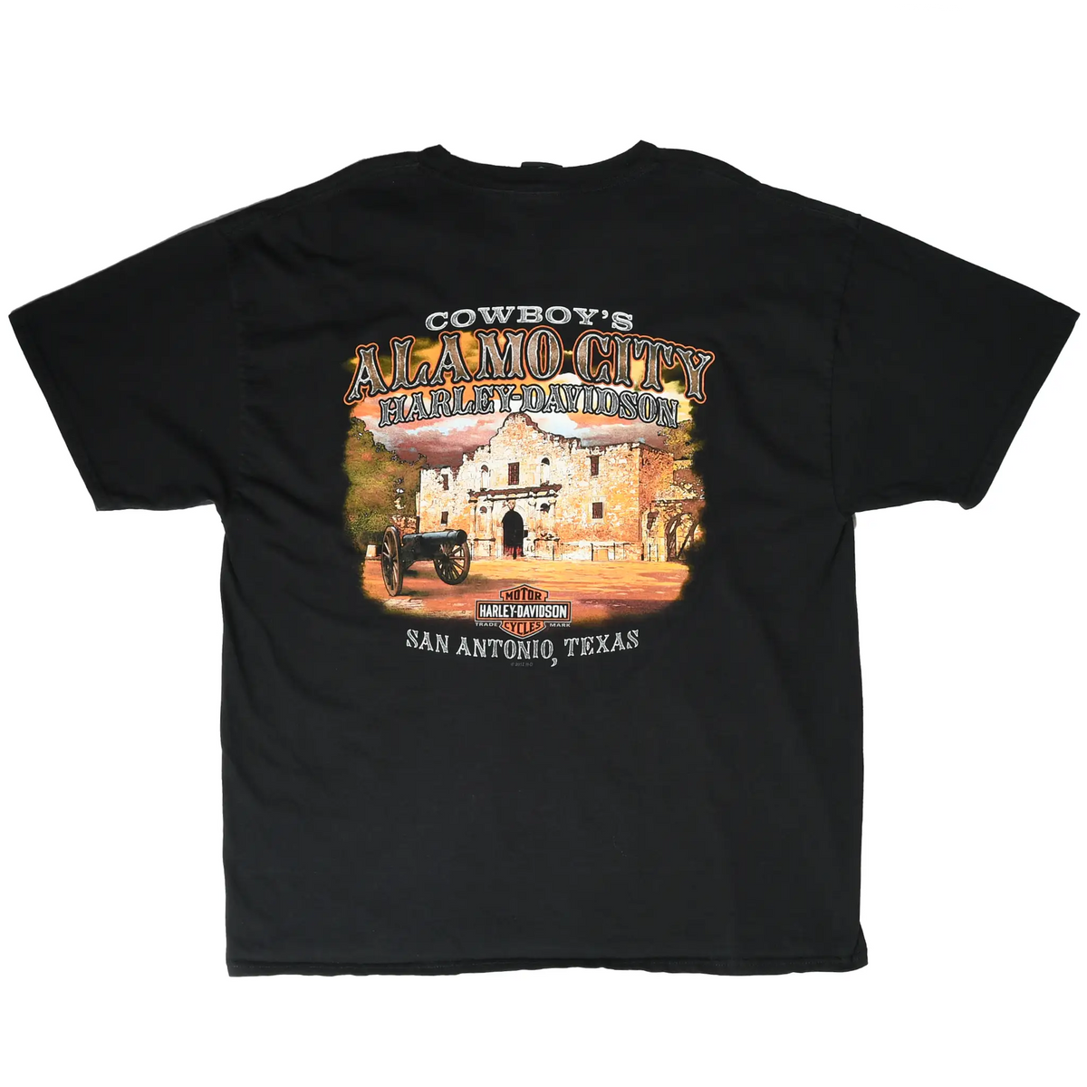 Full back of black Harley-Davidson T-shirt with Alamo, cannon, and San Antonio graphic