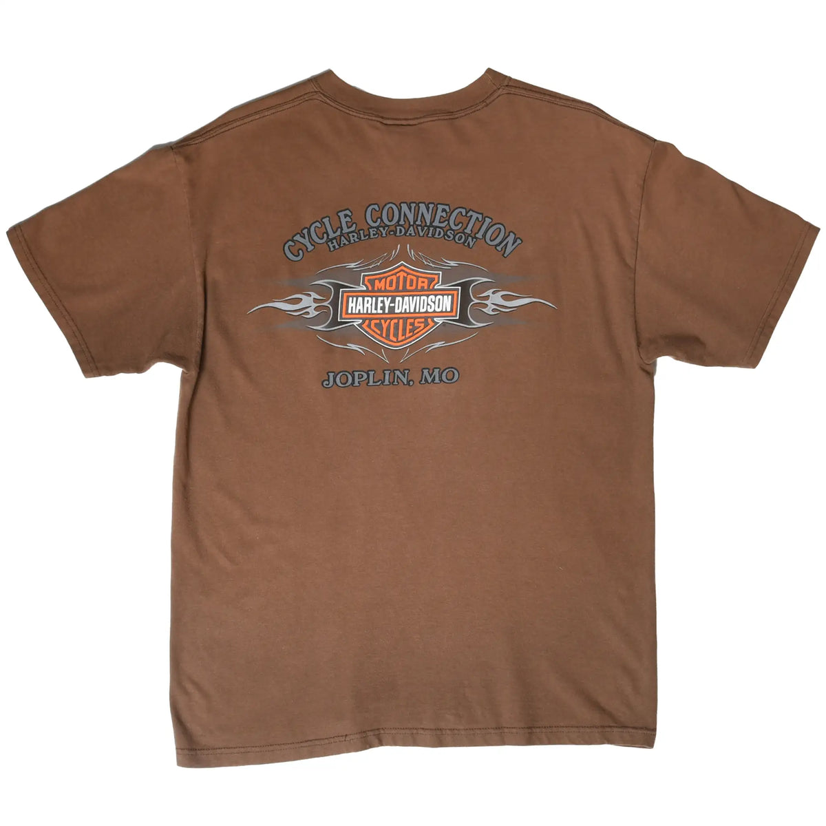 Back of brown Harley-Davidson T-shirt with Cycle Connection Joplin, MO flame graphic