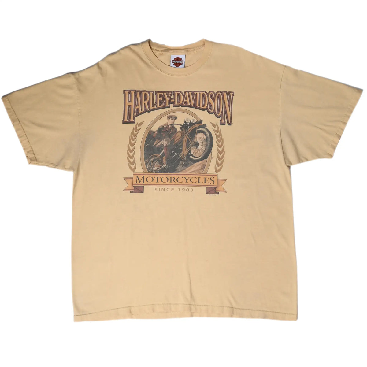 Full front of tan Harley-Davidson T-shirt with motorcyclist graphic