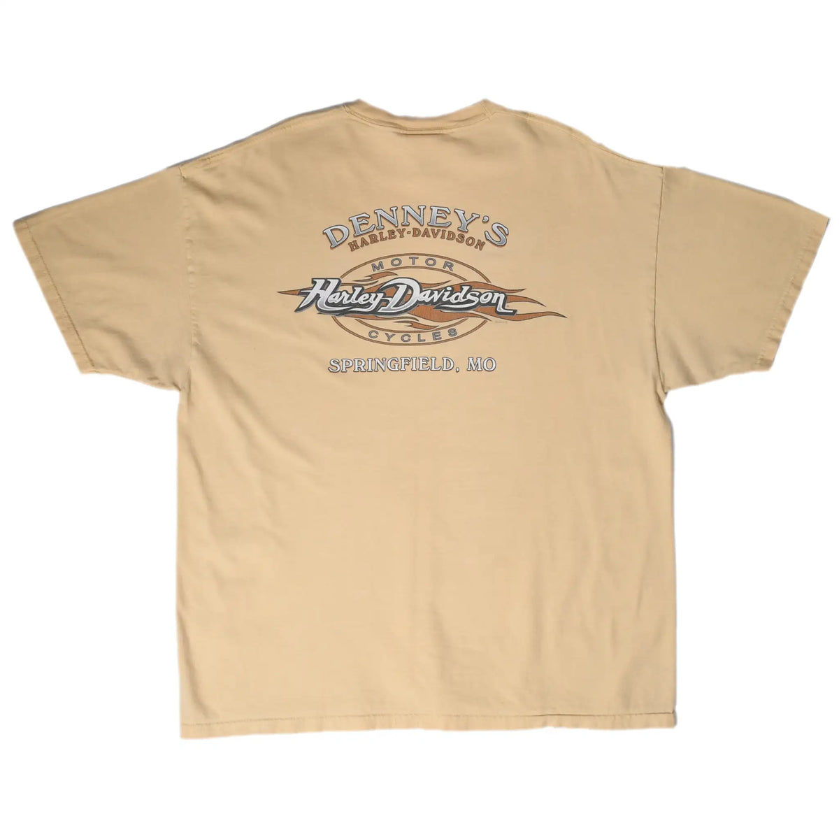 Back of tan Harley-Davidson T-shirt with Denney's Springfield, MO dealership graphic