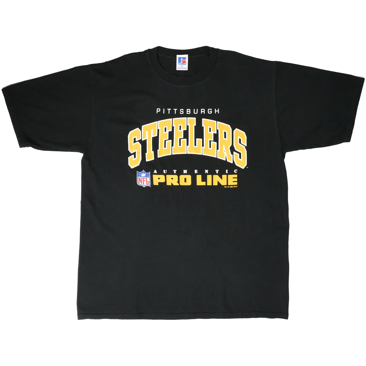 Full front view of black Pittsburgh Steelers T-shirt with gold and white NFL Pro Line print