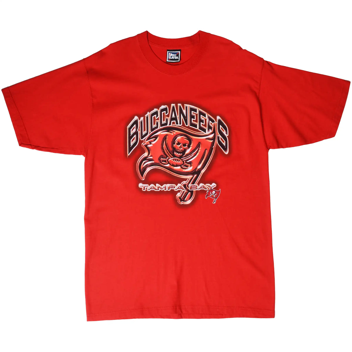 Full front view of red Tampa Bay Buccaneers T-shirt with team logo graphic