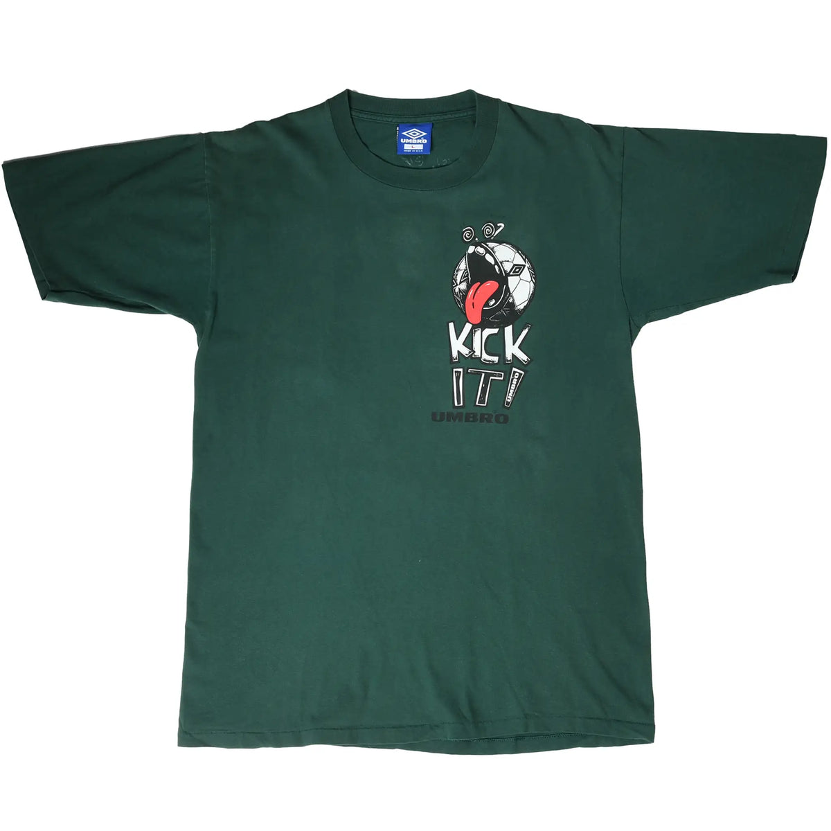 Full front of green Umbro soccer T-shirt with Kick It graphic