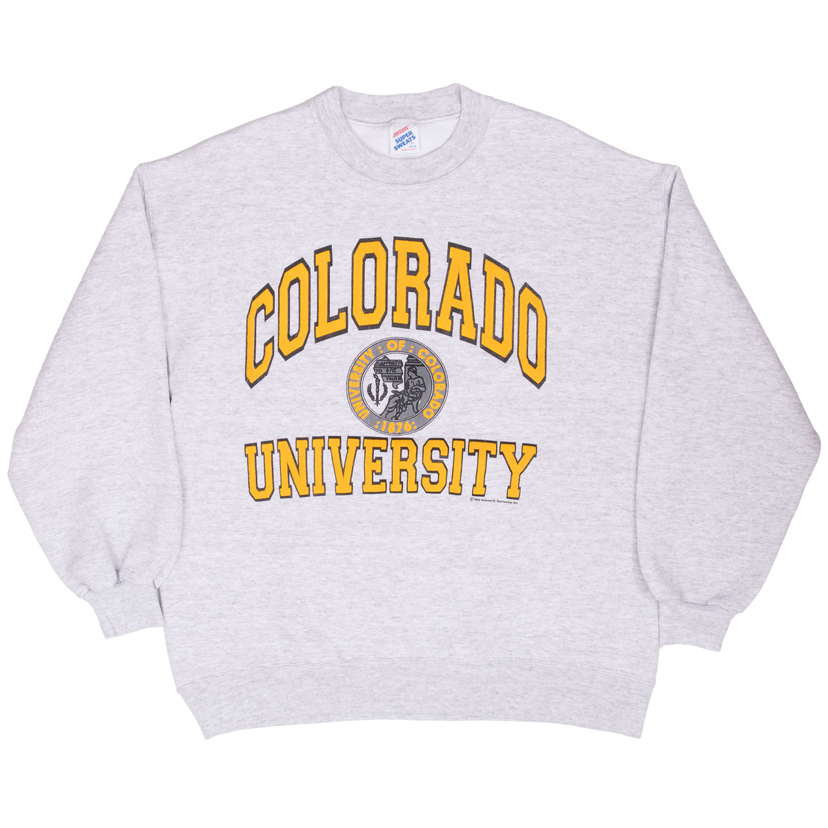 Full front of gray Colorado University crewneck sweatshirt with gold lettering and seal