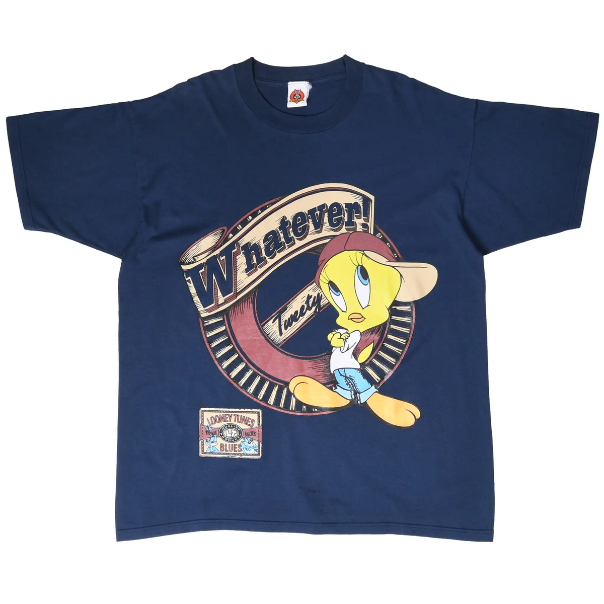 Full front view of navy Looney Tunes T-shirt with Tweety Whatever graphic