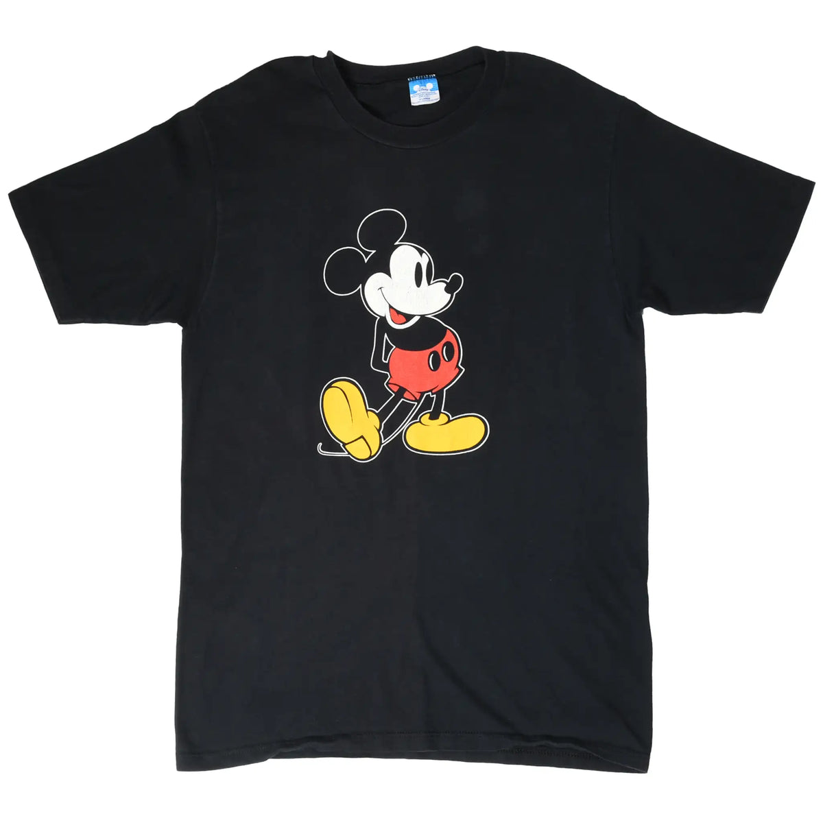 Full front view of black Disney T-shirt with walking Mickey Mouse graphic