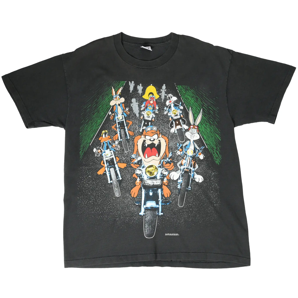 Full front view of black Looney Tunes T-shirt with colorful motorcycle character print