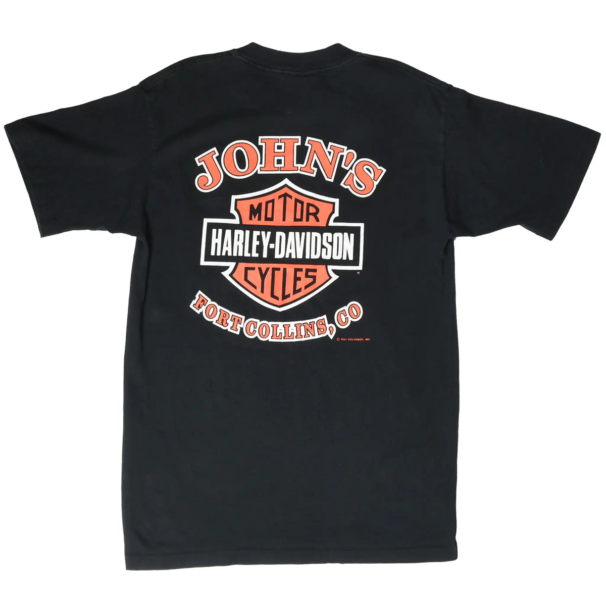 Back of black Harley-Davidson T-shirt with John's Fort Collins, Colorado shield graphic