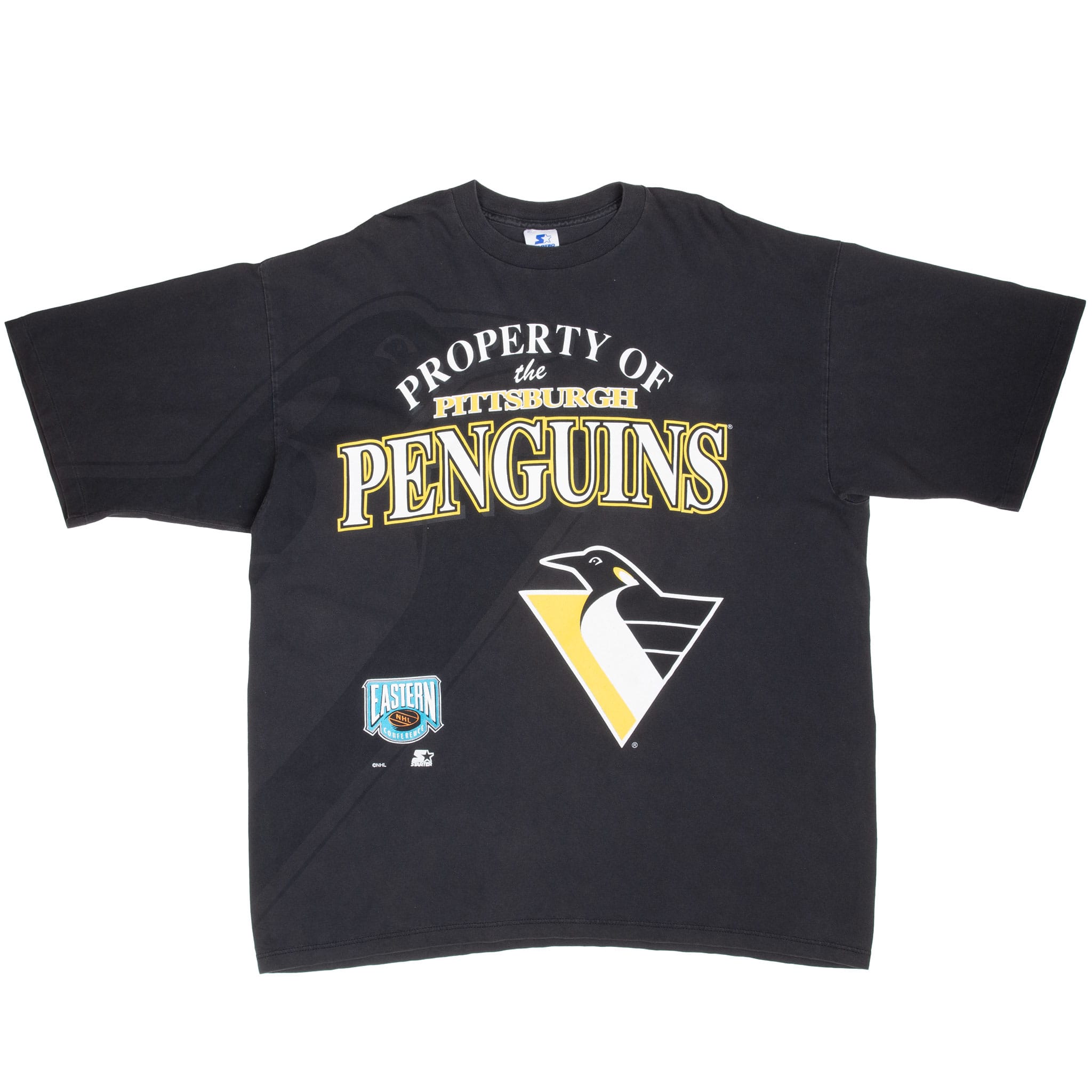 Full front of black Pittsburgh Penguins Starter T-shirt with Property of Penguins graphic
