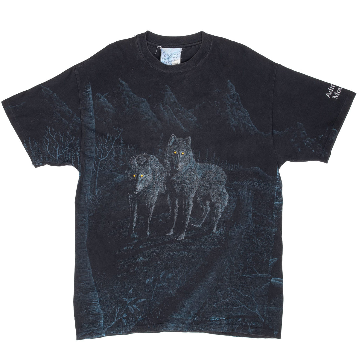 Front of dark Local Color Art T-shirt with two wolves and Adirondack Mountains wilderness print