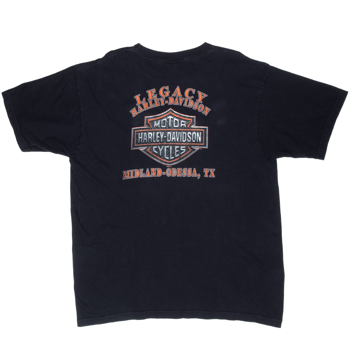 Back of black Harley-Davidson T-shirt with Legacy Midland-Odessa, TX graphic