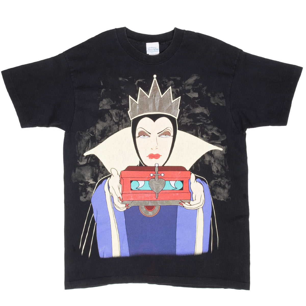 Full front view of black Disney T-shirt with oversized Evil Queen graphic