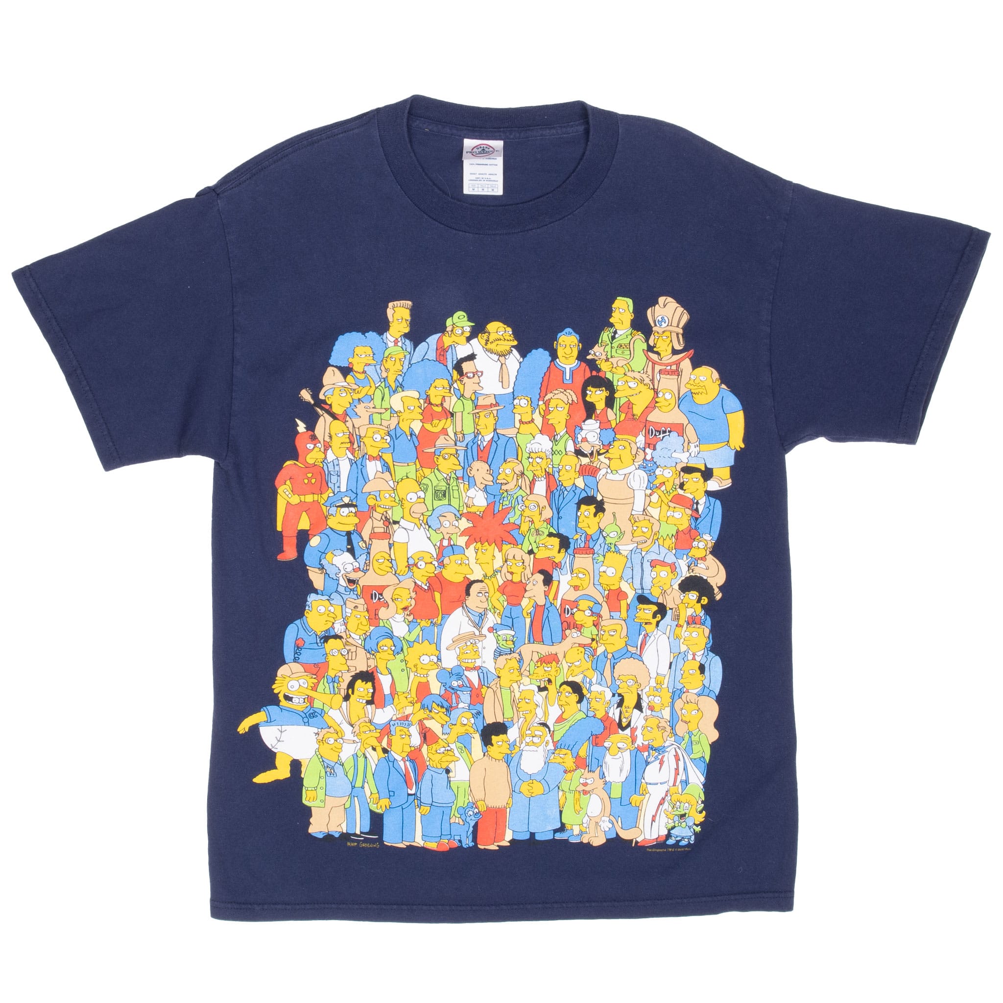 Full front of navy The Simpsons crewneck T-shirt with large multicolor character lineup print