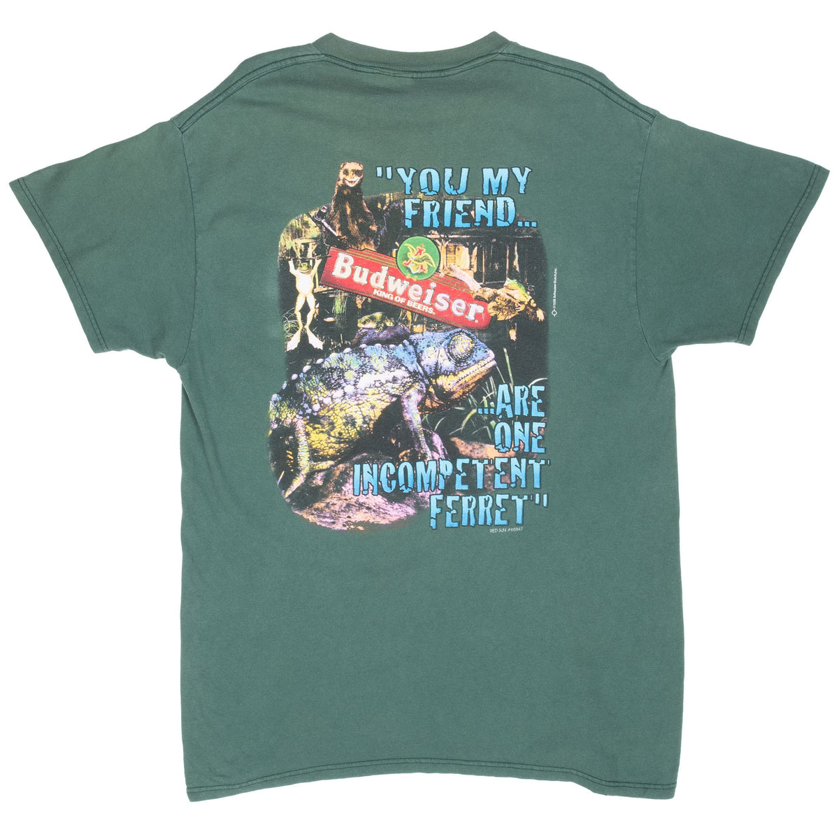 Back of green Budweiser T-shirt with Ferret Frogs characters and slogan graphic