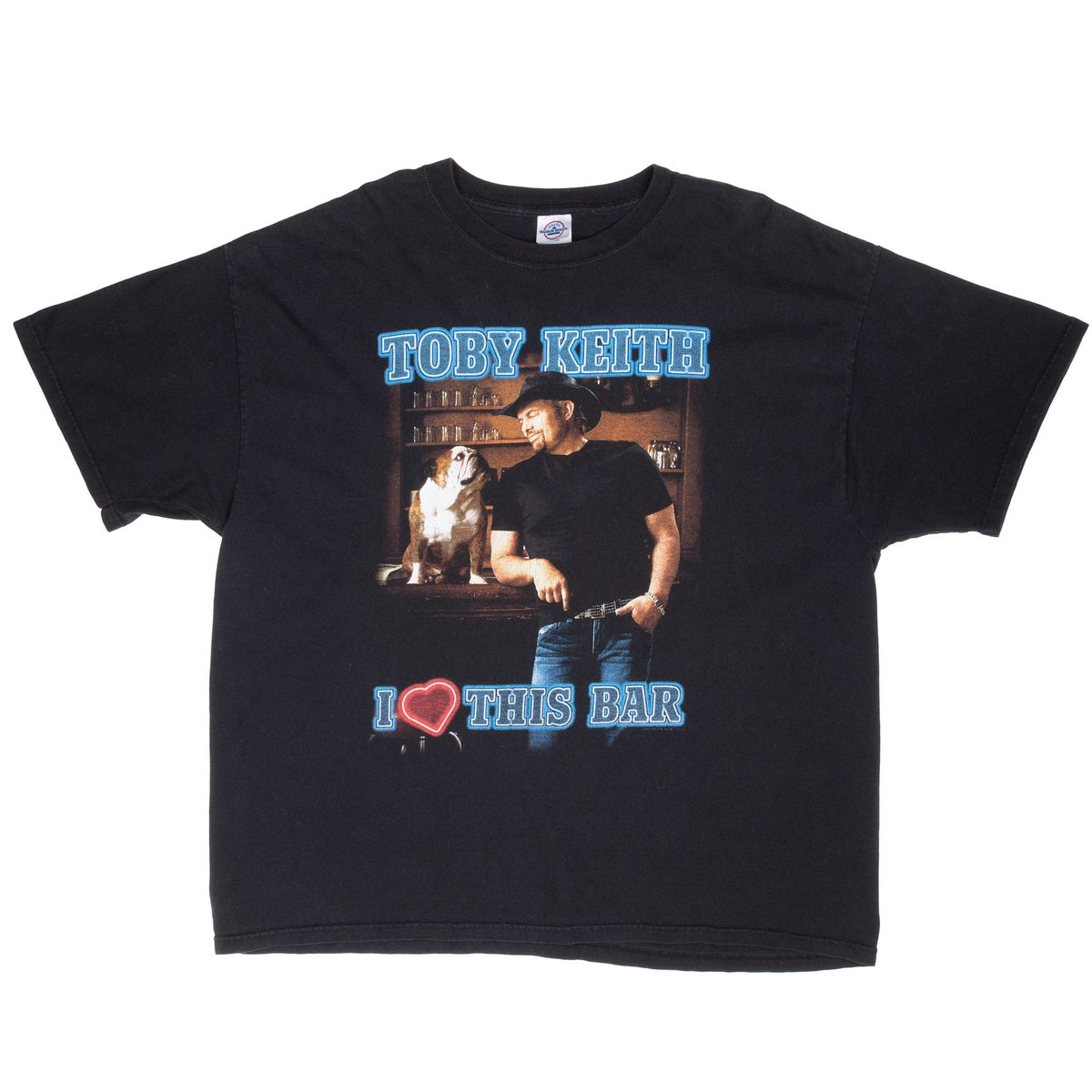 Front of black Toby Keith T-shirt with dog at bar and I Love This Bar graphic