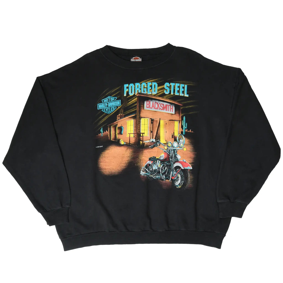 Full front view of black Harley-Davidson sweatshirt with Forged Steel motorcycle print