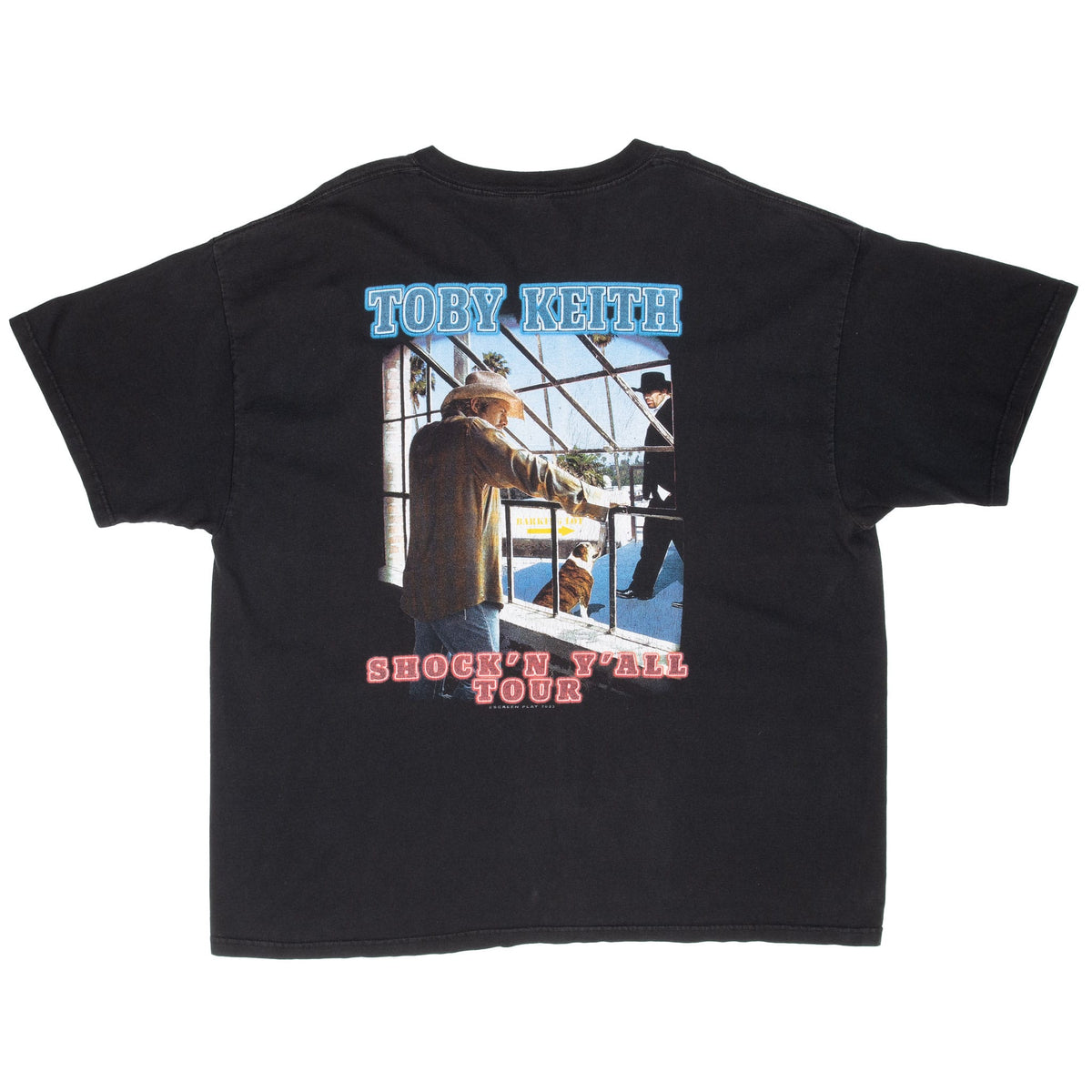 Back of black Toby Keith T-shirt with full-color scene and red Shock'n Y'all Tour lettering