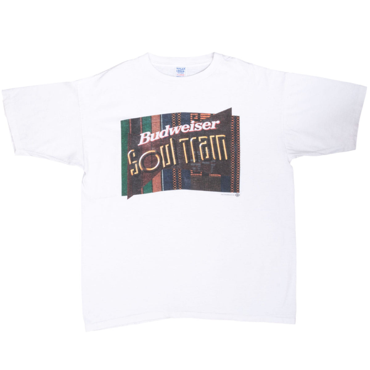 Full front of white Budweiser Soul Train short-sleeve T-shirt with geometric graphic