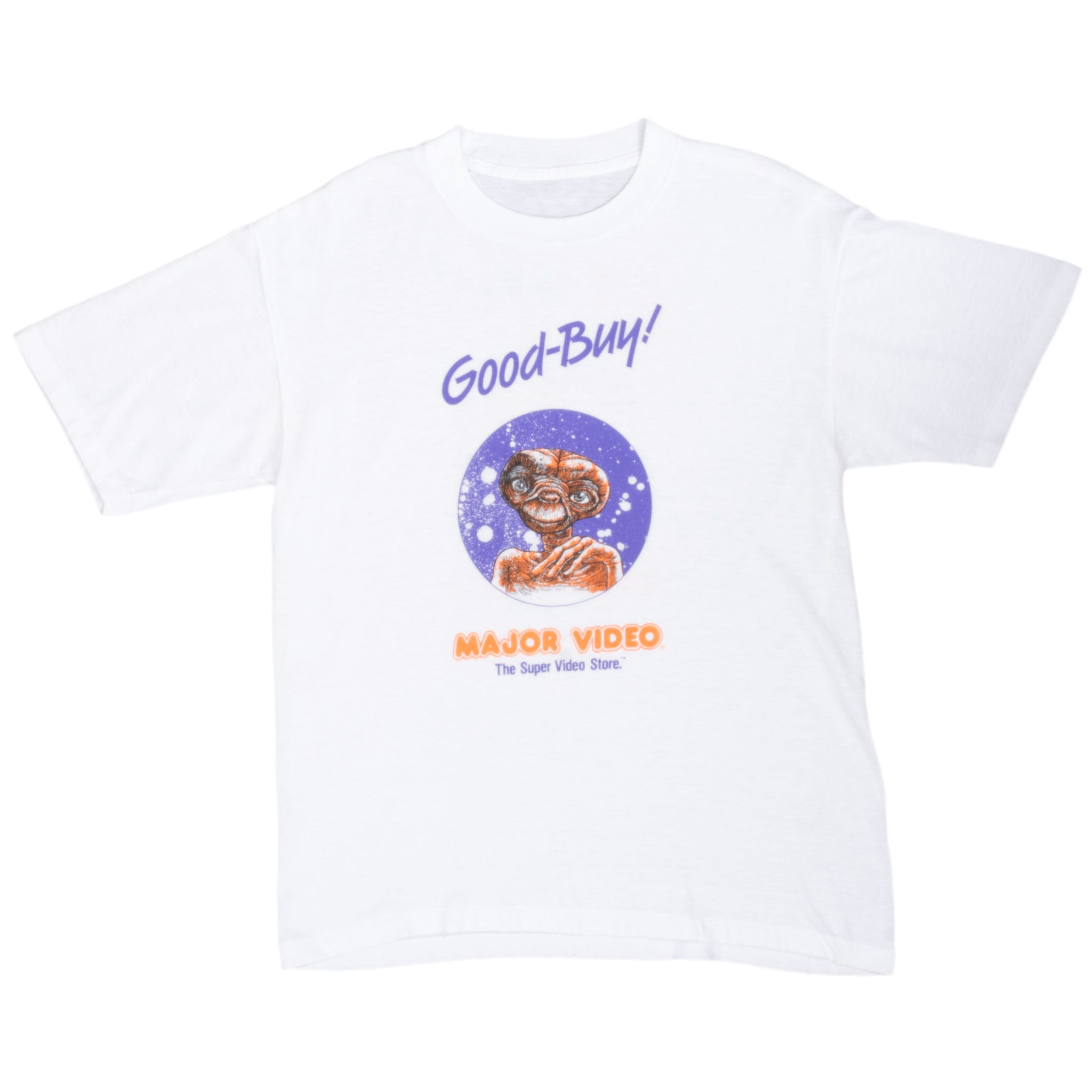 Full front view of white E.T. T-shirt with Good-Buy! and Major Video graphic