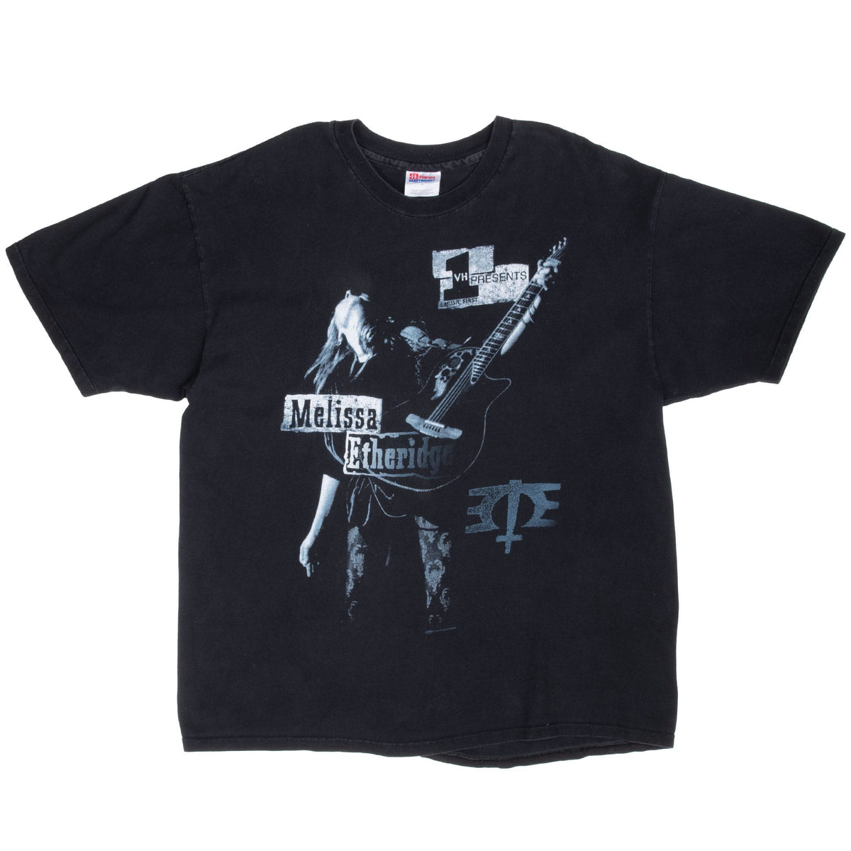 Full front view of black Melissa Etheridge tour crew T-shirt with VH1 performance graphic