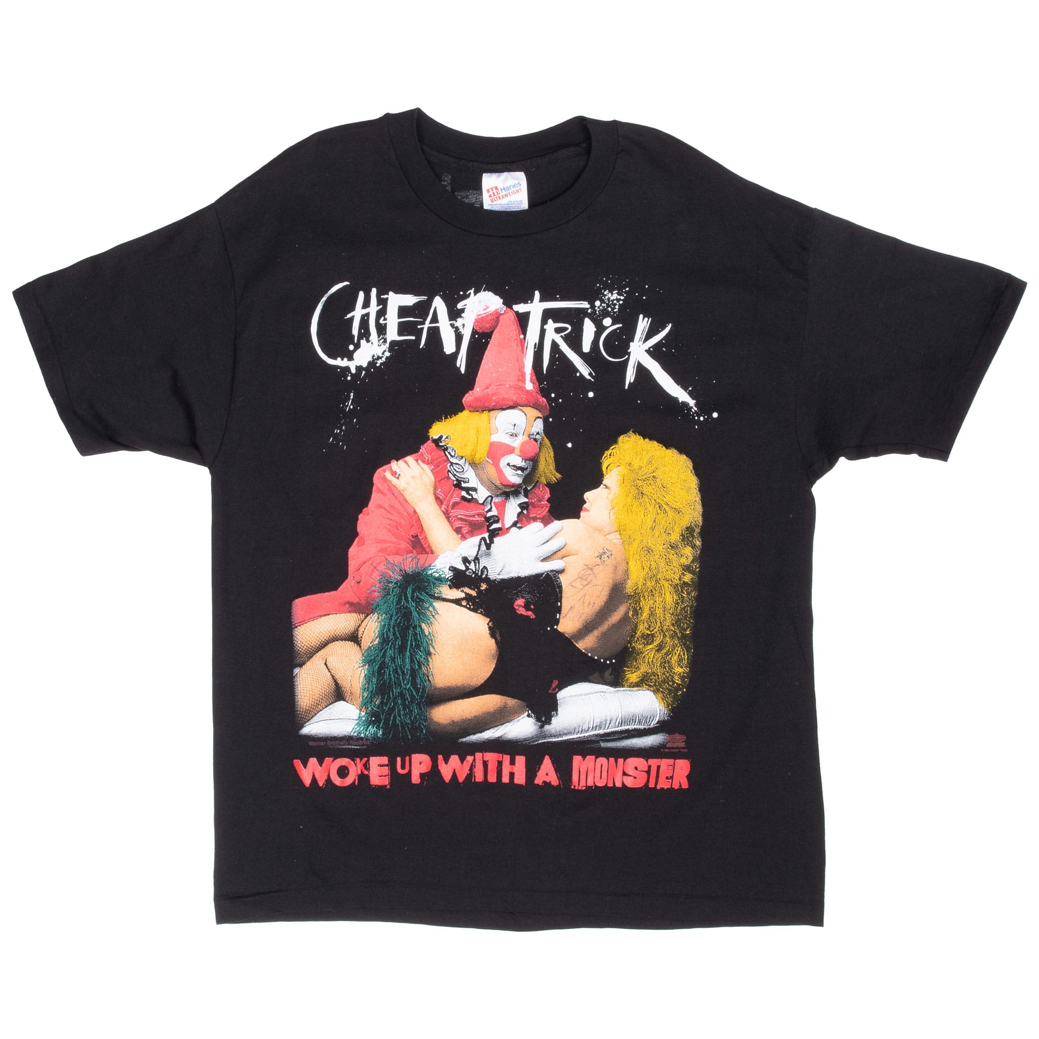 Front of black Cheap Trick T-shirt with multicolor Woke Up with a Monster graphic