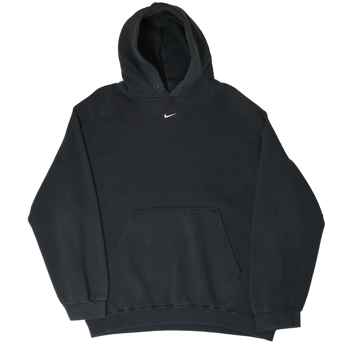 Full front view of black Nike hoodie with white center Swoosh, hood, and kangaroo pocket