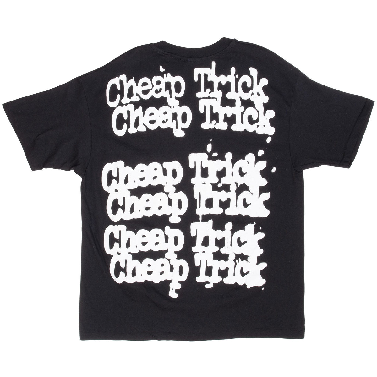 Back of black Cheap Trick T-shirt with oversized repeating white band logo print