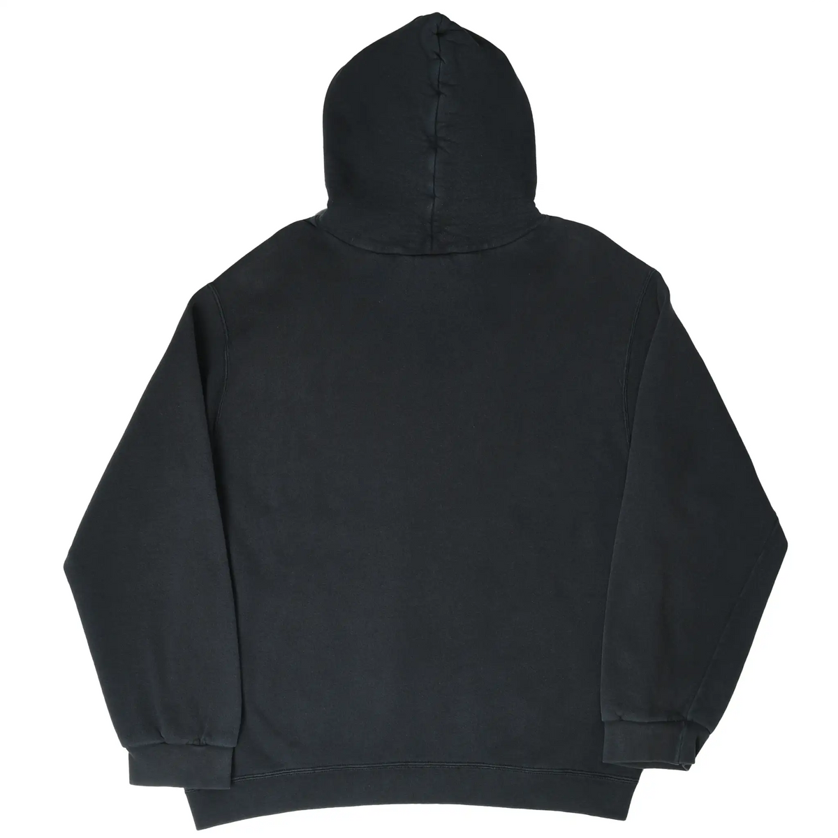 Back of black Nike pullover hoodie with plain body and visible hood seam