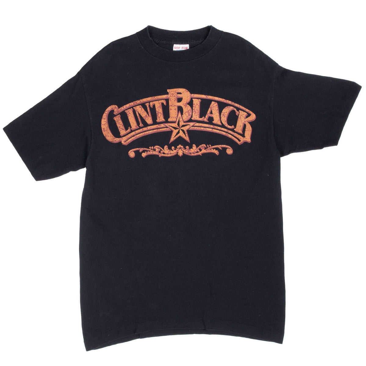 Full front view of black Clint Black T-shirt with orange chest graphic
