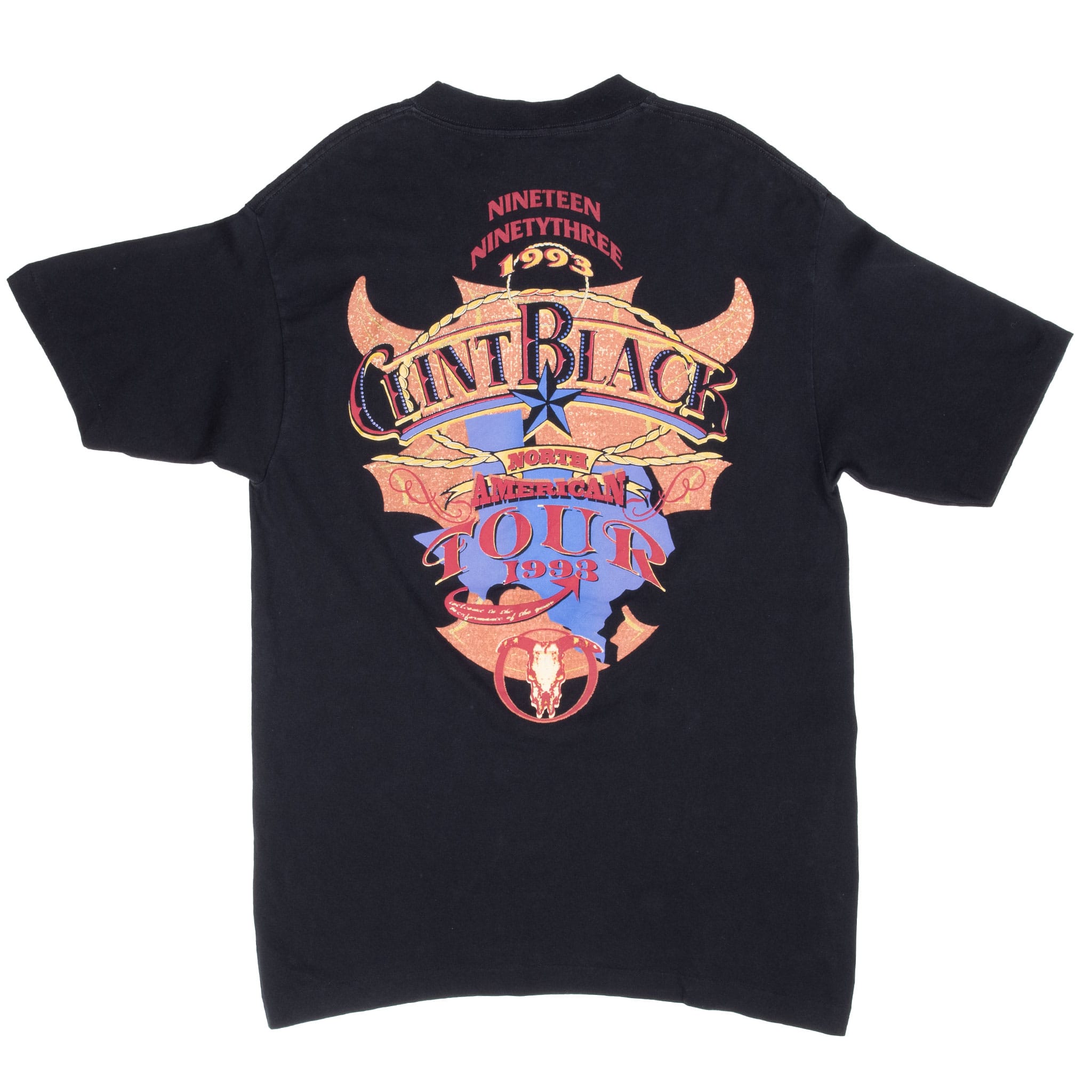 Back of black Clint Black T-shirt with multicolor North American Tour 1993 graphic
