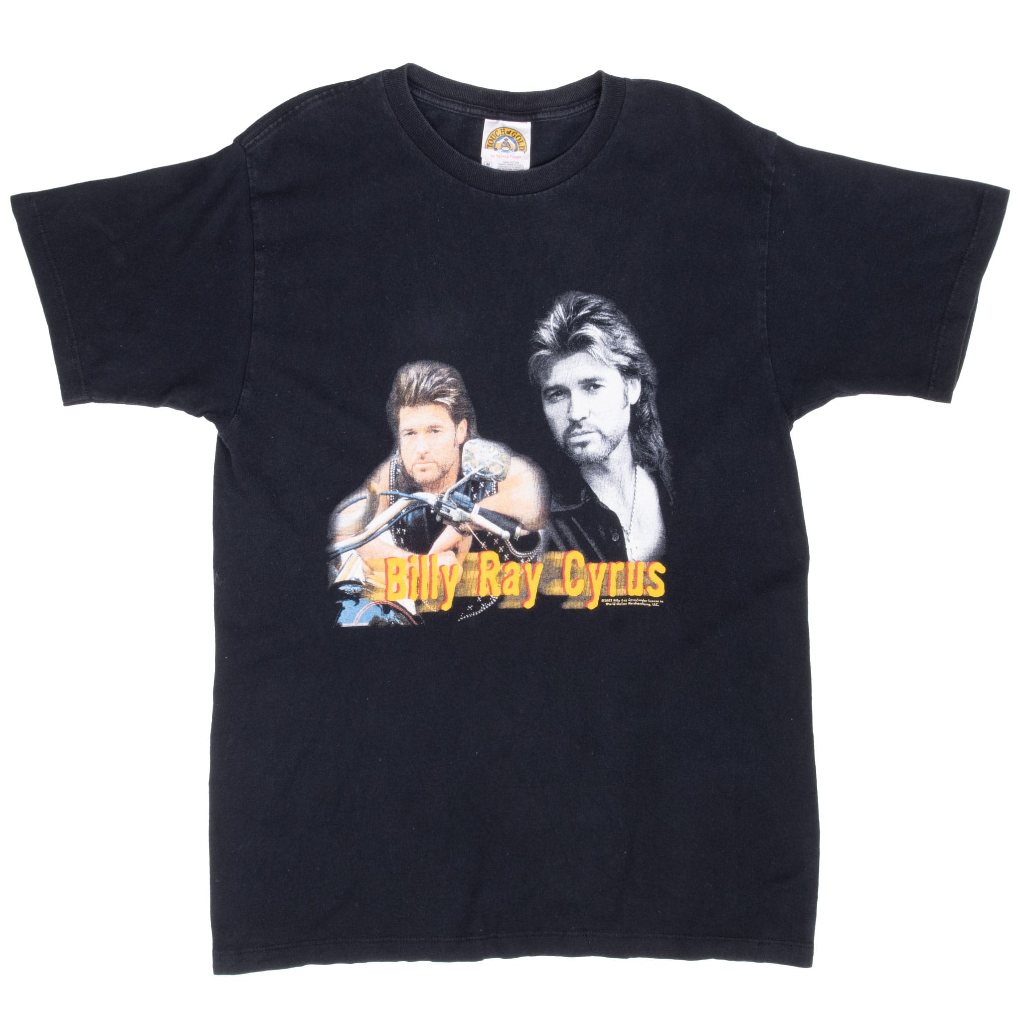 Full front view of black Billy Ray Cyrus tour T-shirt with portrait and motorcycle graphic