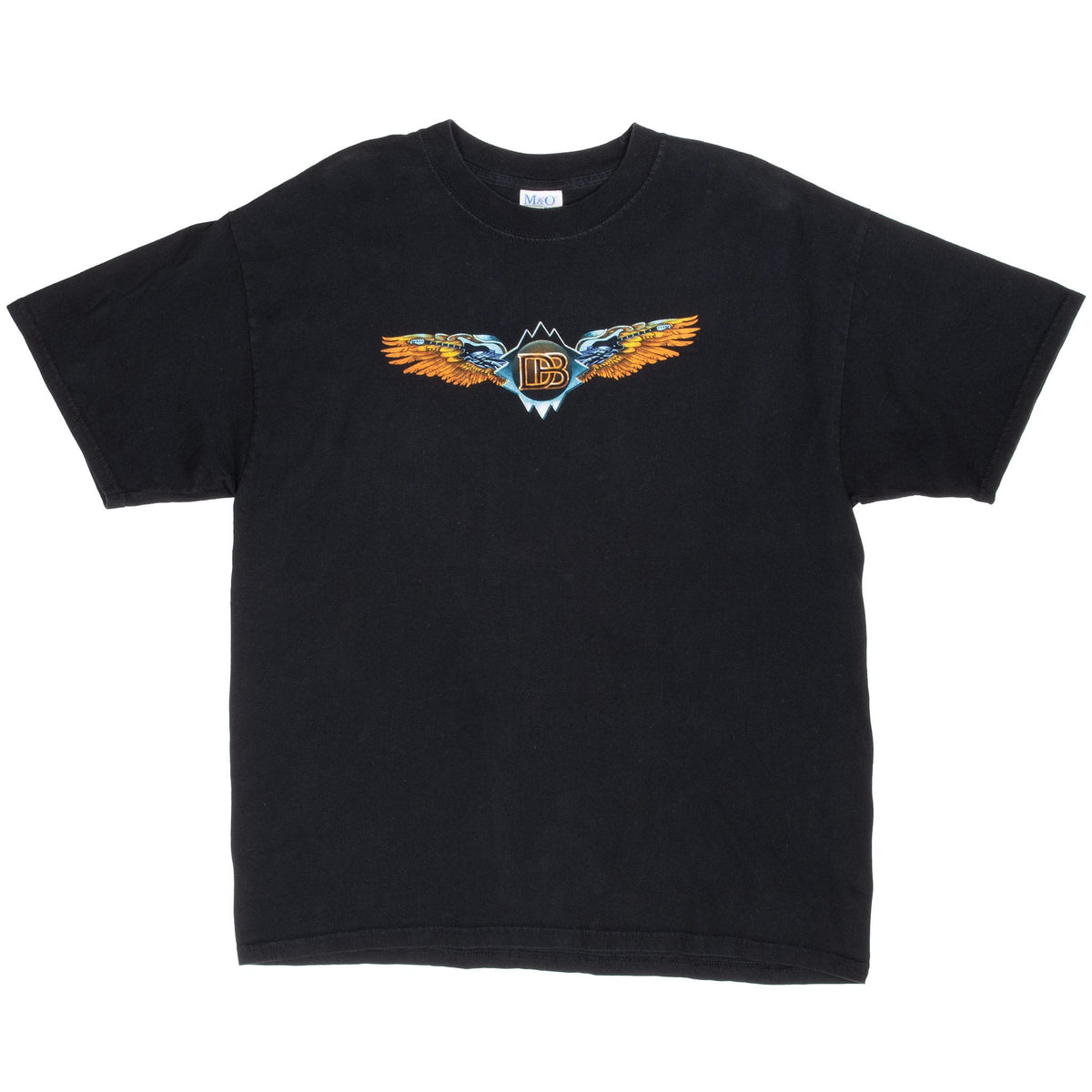 Front of black Doobie Brothers tour T-shirt with winged DB chest graphic